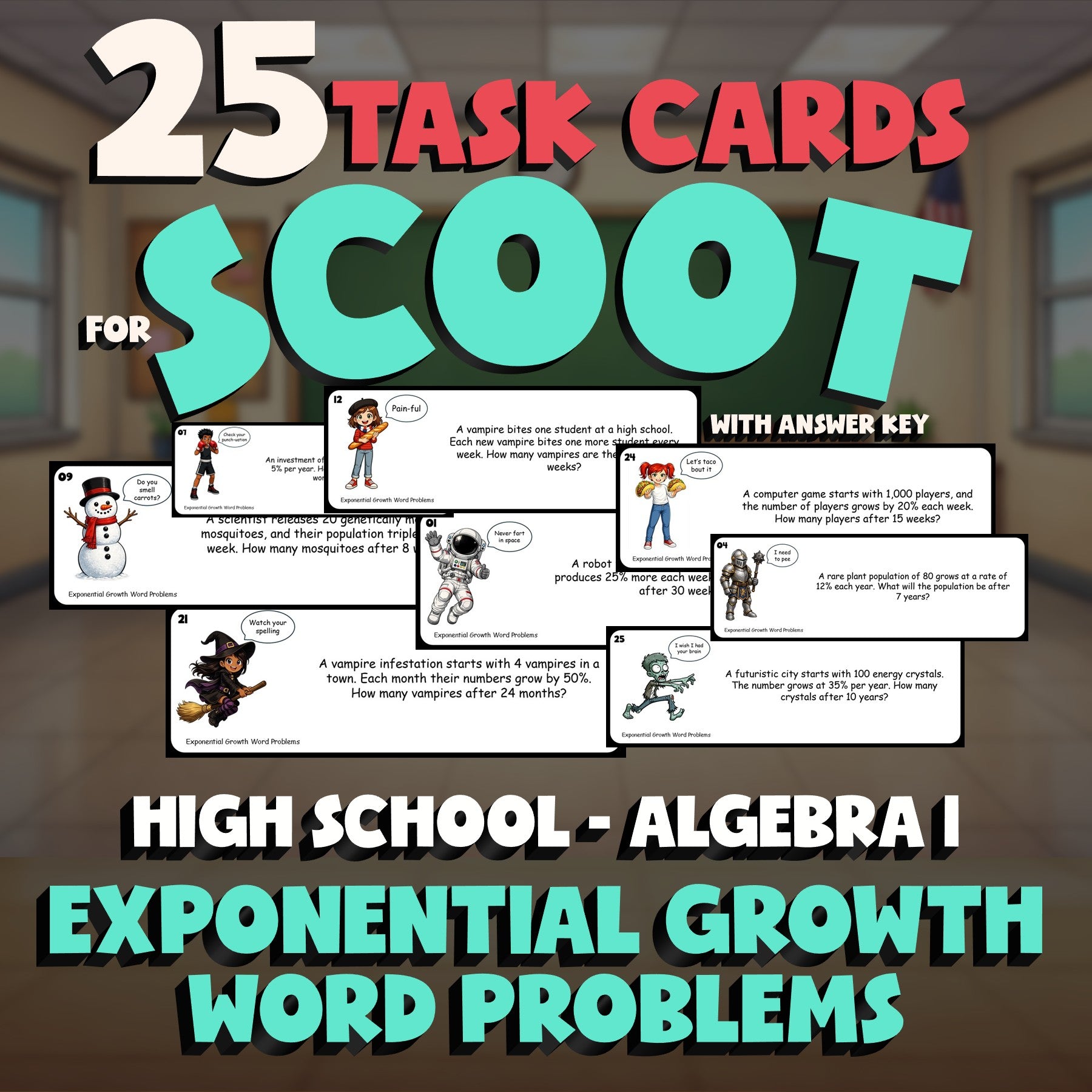Exponential Growth Word Problems SCOOT TASK CARDS Math Game - No Prep Algebra 1