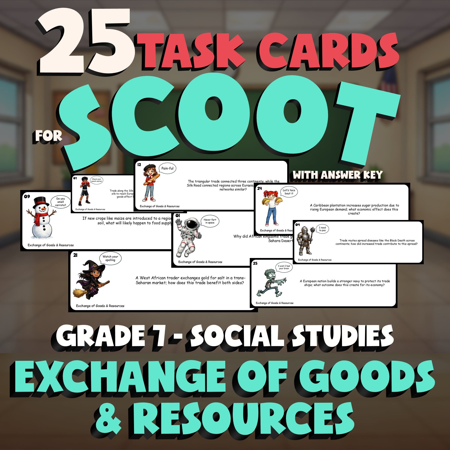 Exchange of Goods & Resources SCOOT TASK CARDS Socials Game - No Prep Grade 7