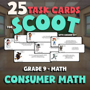 Consumer Math SCOOT TASK CARDS Math Game - No Prep Grade 9 Review Activity