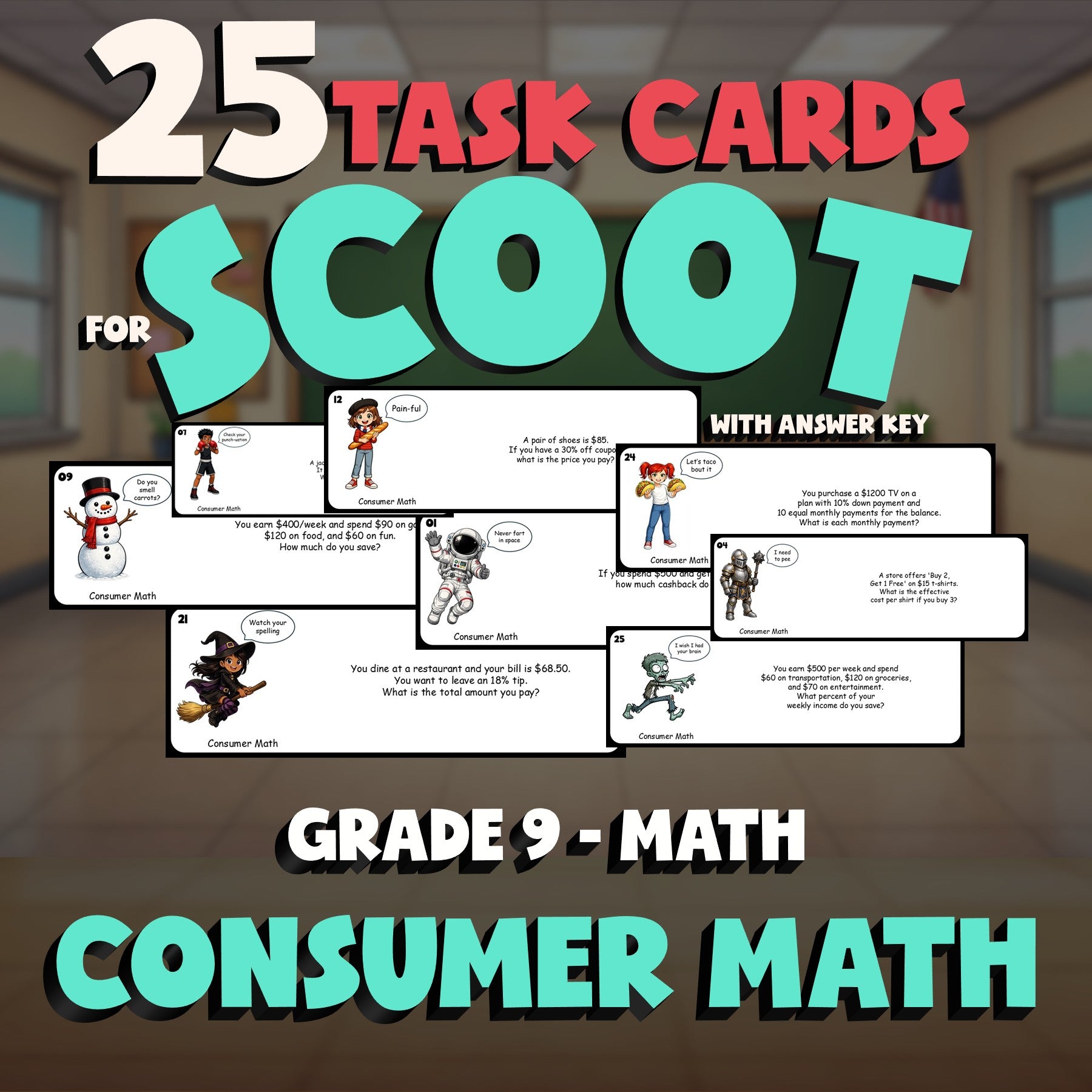 Consumer Math SCOOT TASK CARDS Math Game - No Prep Grade 9 Review Activity