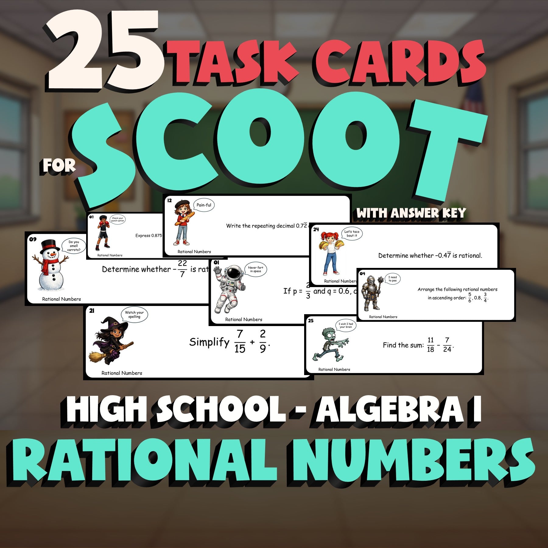 Rational Numbers SCOOT TASK CARDS Math Game - No Prep Algebra 1 Review Activity