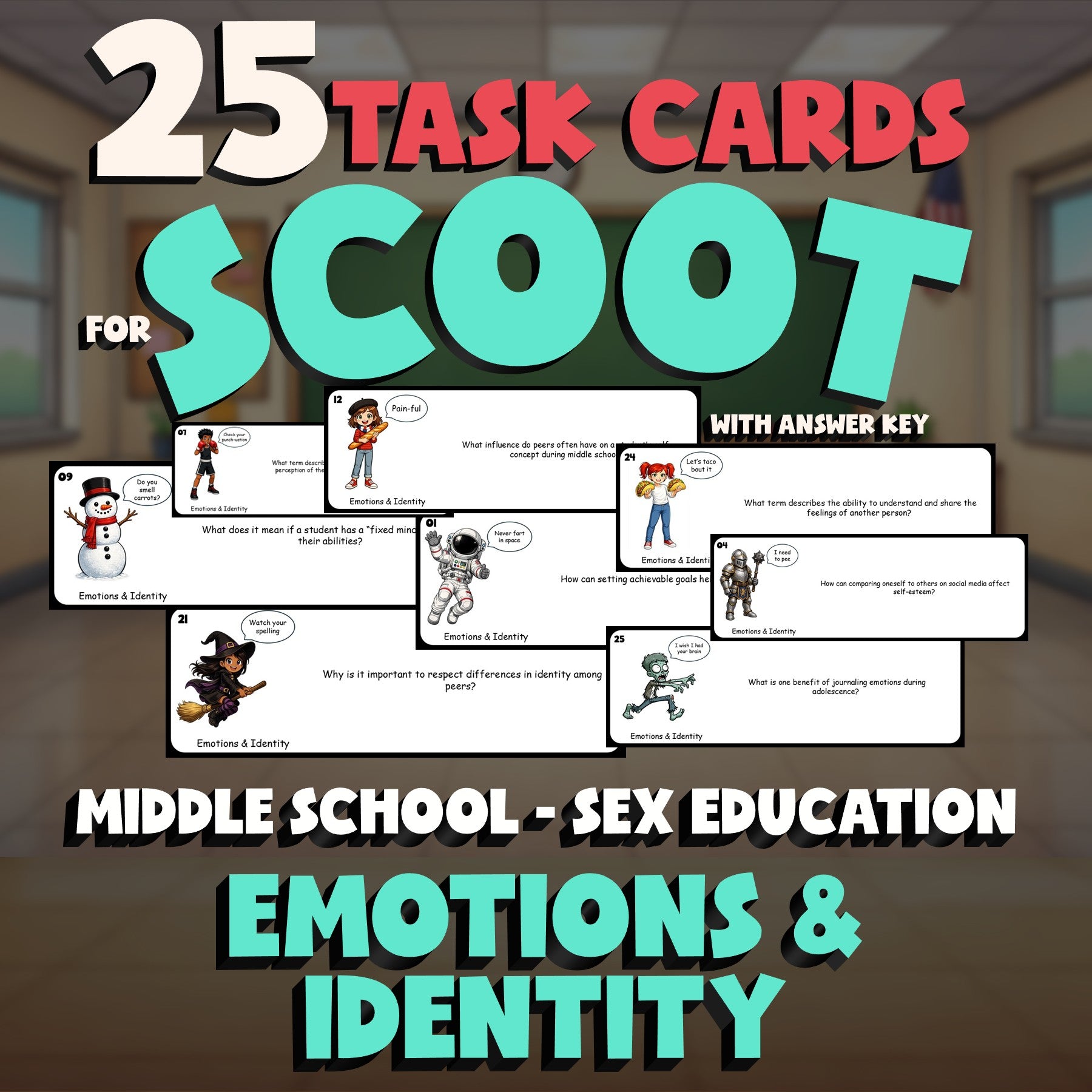 Emotions & Identity SCOOT TASK CARDS Game - No Prep Middle School Sex Education