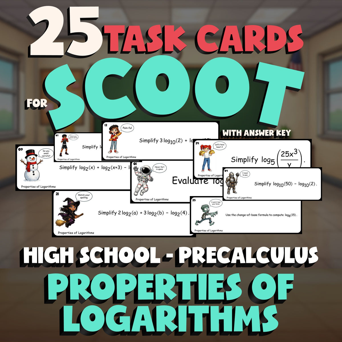 Properties of Logarithms SCOOT TASK CARDS Math Game - No Prep PreCalculus Review
