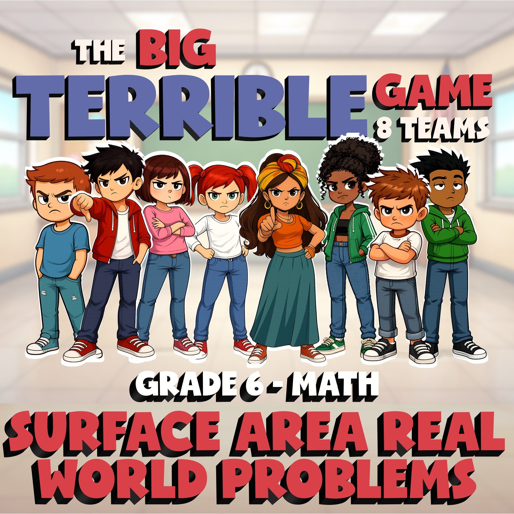 Surface Area Real World Problems BIG TERRIBLE GAME - No Prep Grade 6 Math Review