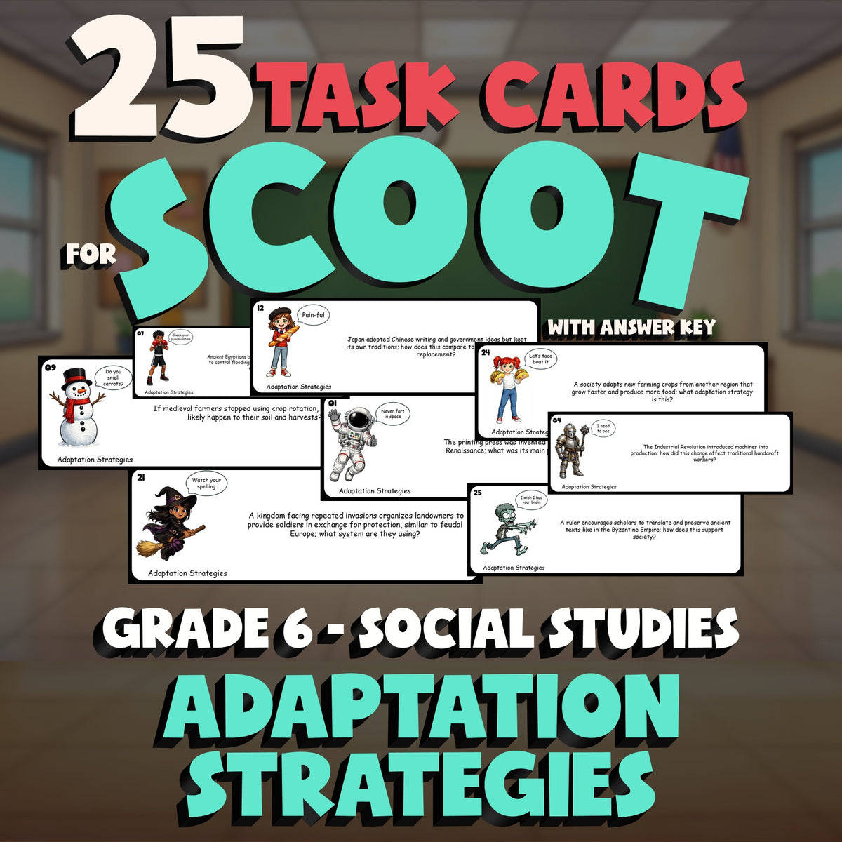 Adaptation Strategies SCOOT TASK CARDS Socials Game - No Prep Grade 6 Review
