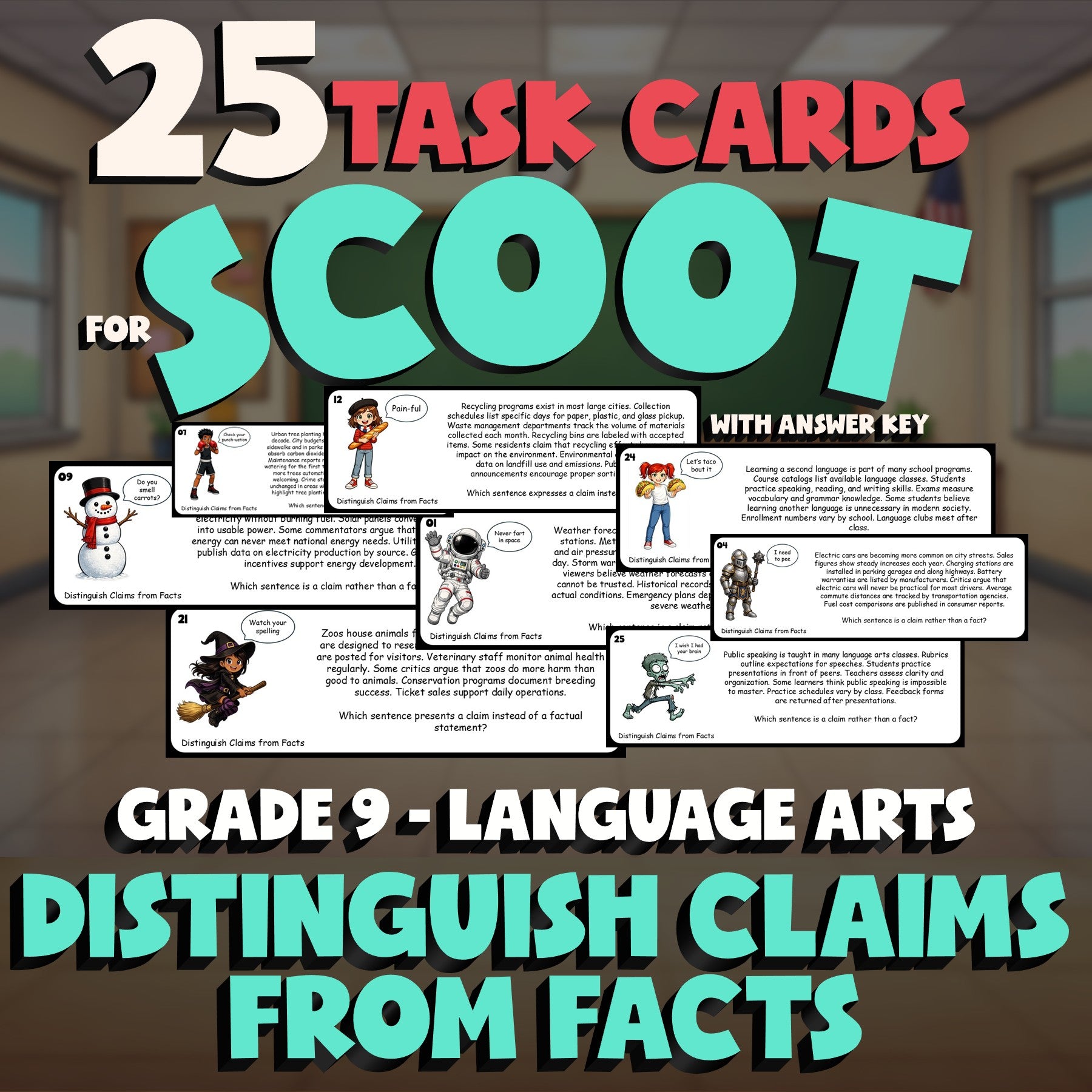 Distinguish Claims from Facts SCOOT TASK CARDS ELA Game - No Prep Grade 9 Review