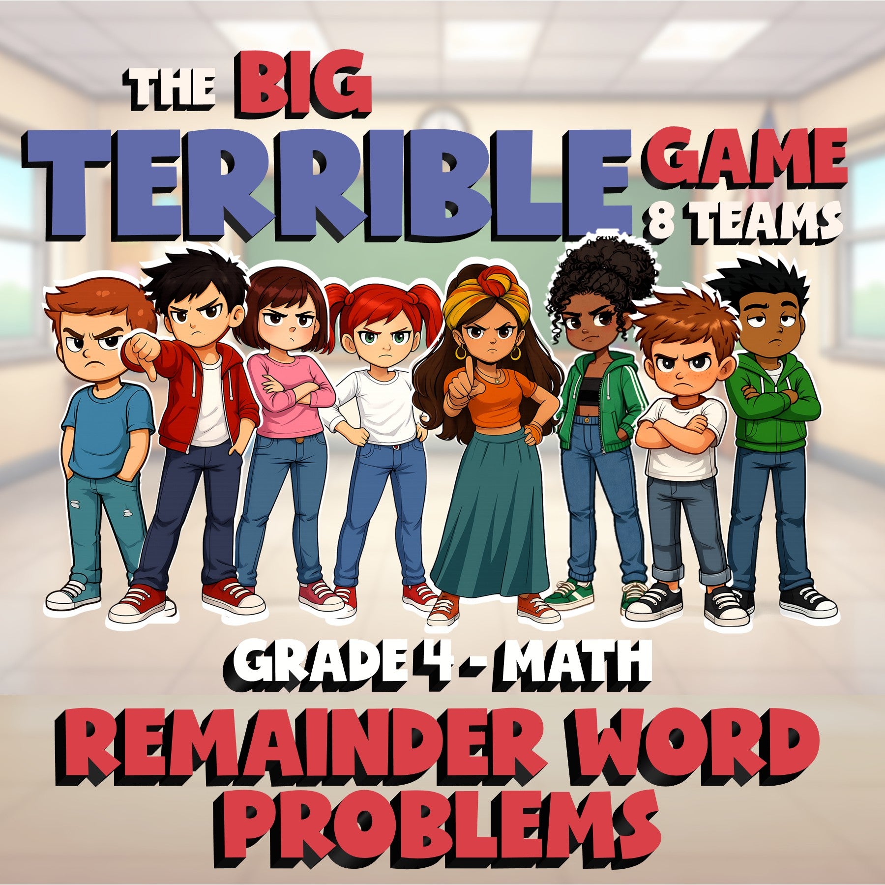 Remainder Word Problems BIG TERRIBLE GAME - No Prep Grade 4 Math Review Activity