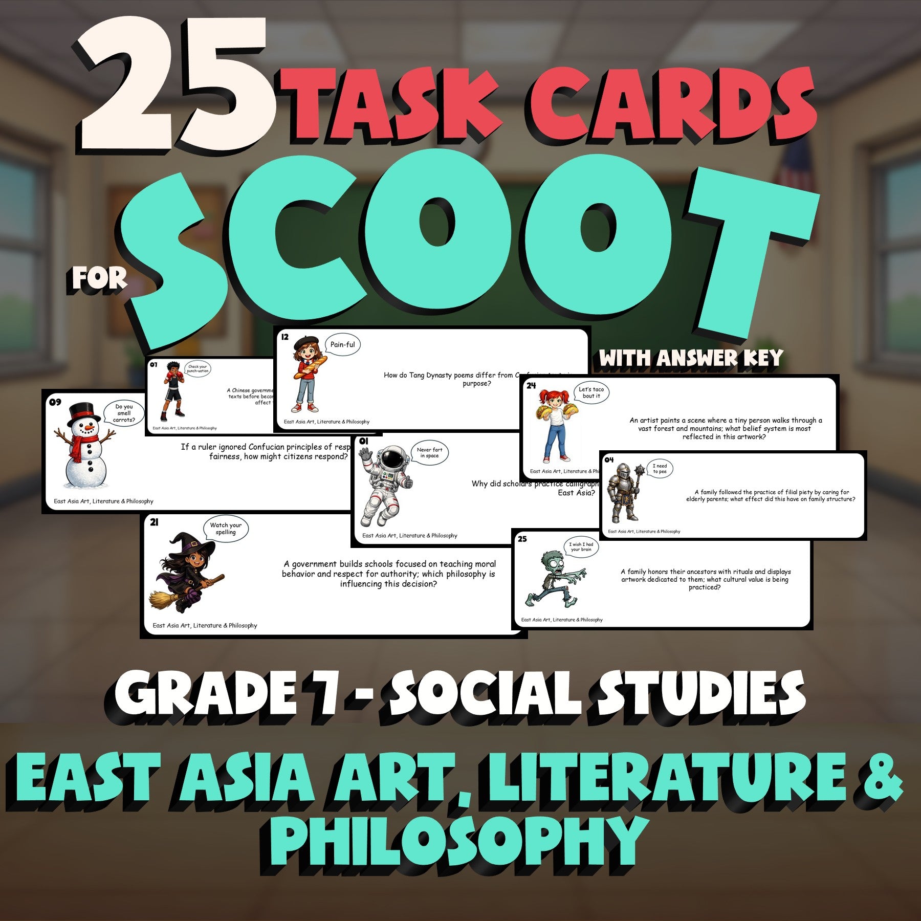 East Asia Art, Literature & Philosophy SCOOT TASK CARDS Socials Game - Grade 7
