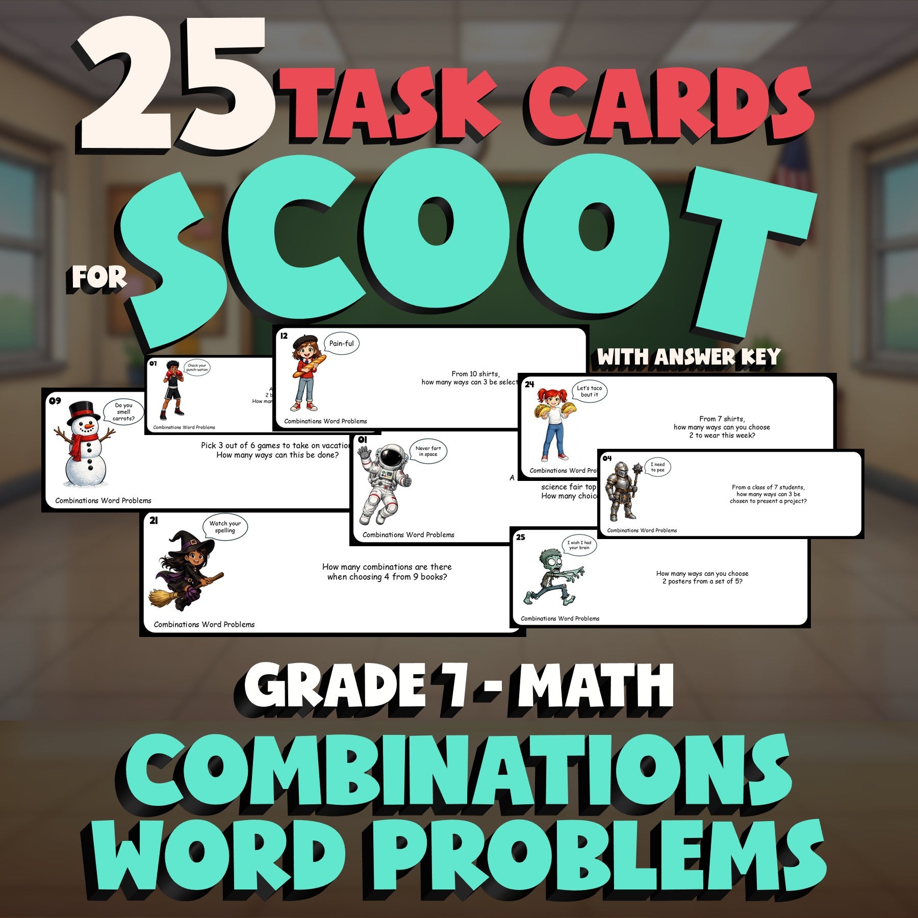Combinations Word Problems SCOOT TASK CARDS Math Game - No Prep Grade 7 Review