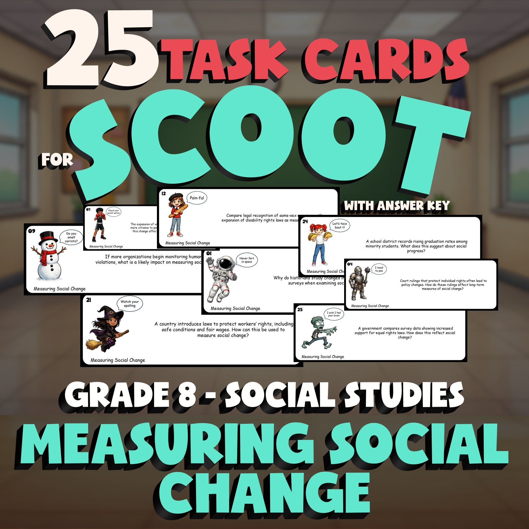 Measuring Social Change SCOOT TASK CARDS Socials Game - No Prep Grade 8 Review