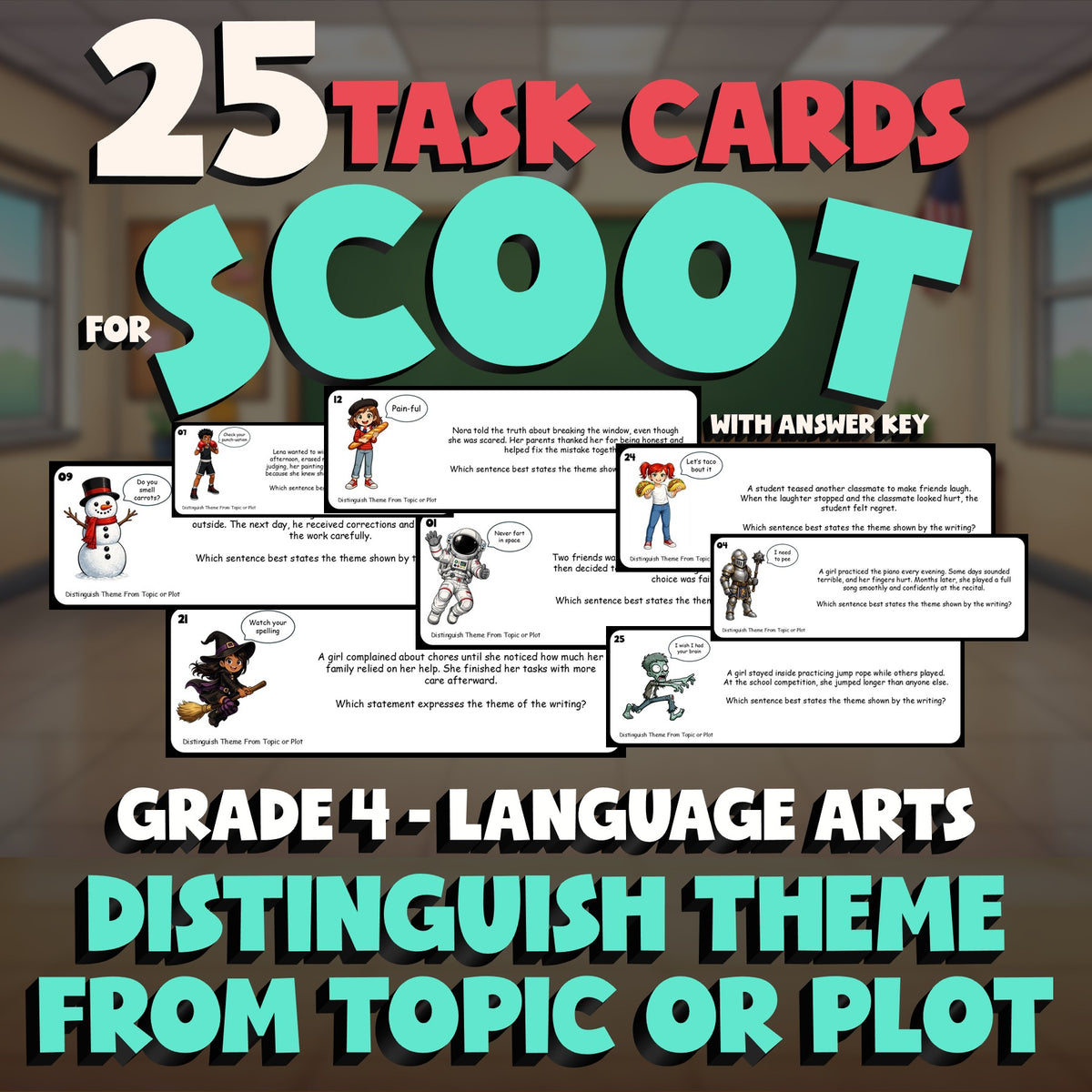 Distinguish Theme From Topic or Plot SCOOT TASK CARDS ELA Game - No Prep Grade 4