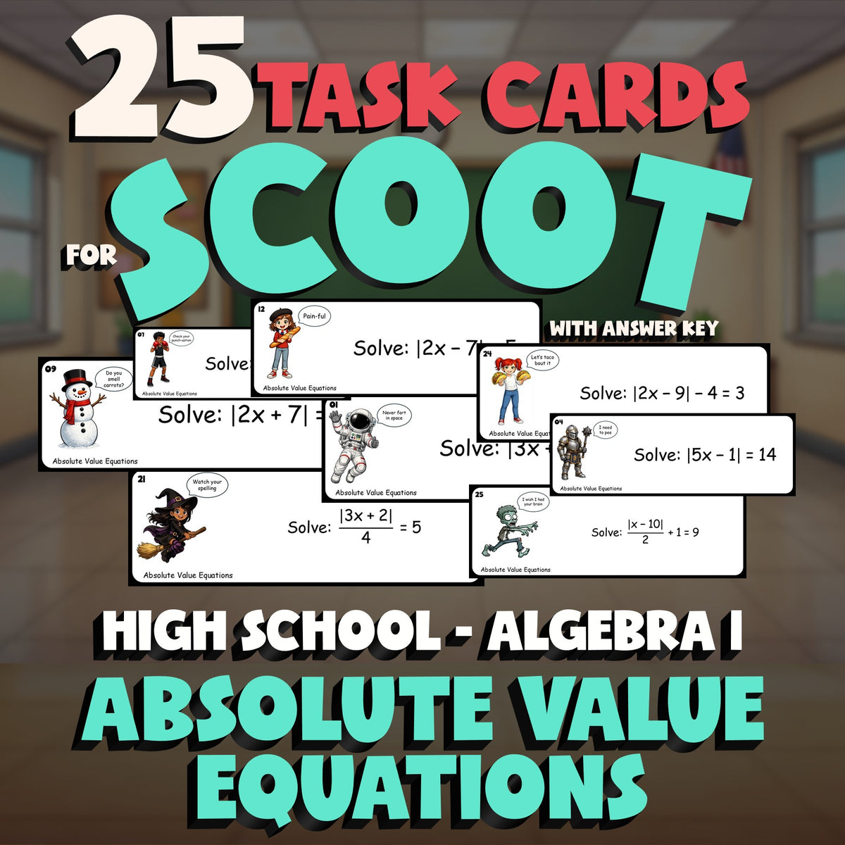 Absolute Value Equations SCOOT TASK CARDS Math Game - No Prep Algebra 1 Review