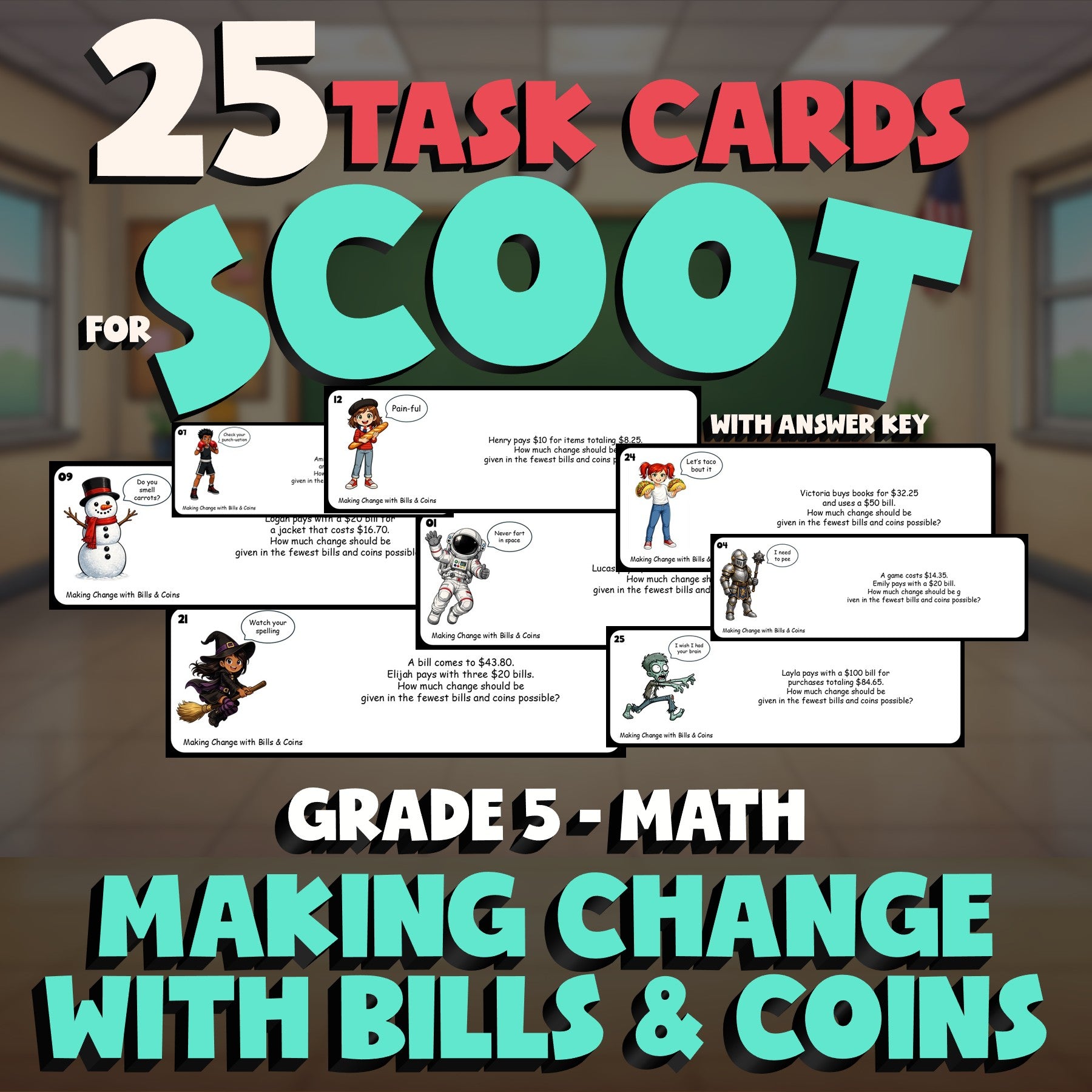 Making Change with Bills & Coins SCOOT TASK CARDS Math Game - No Prep Grade 5