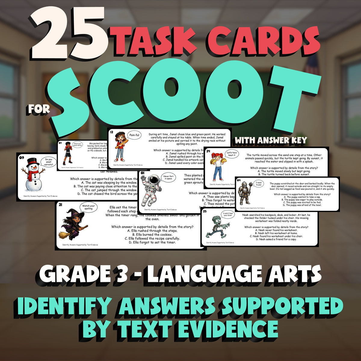Identify Answers Supported by Text Evidence SCOOT TASK CARDS ELA Game - Grade 3