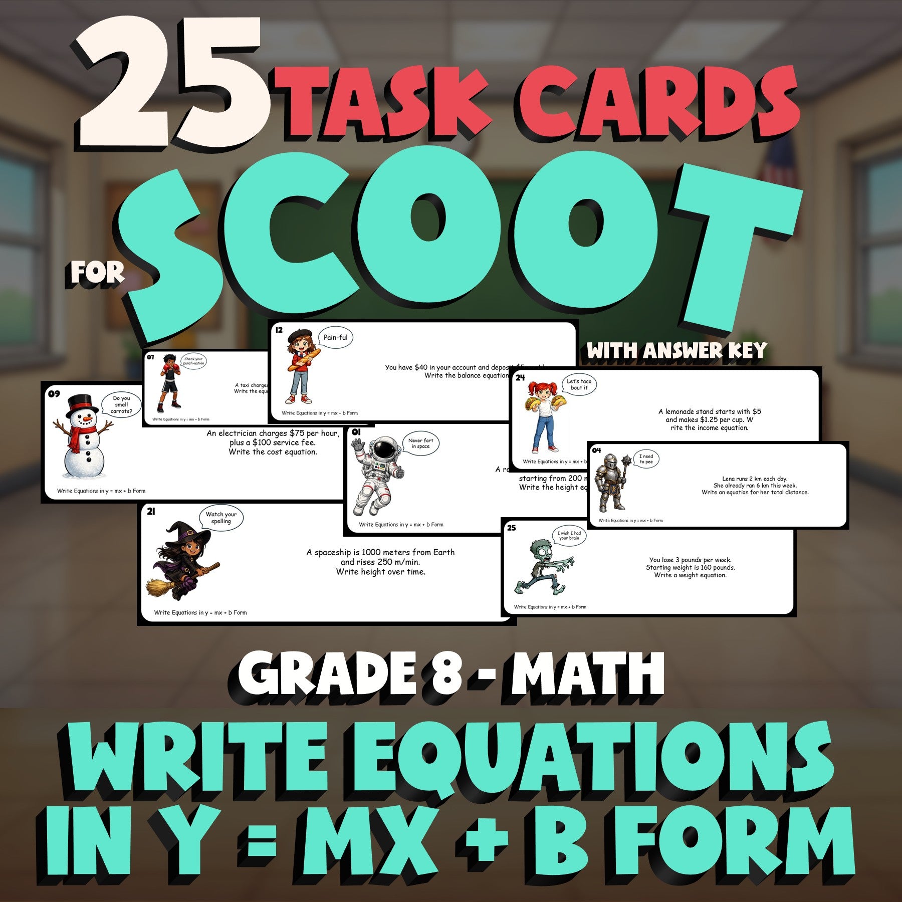 Write Equations in y = mx + b Form SCOOT TASK CARDS Math Game - No Prep  Review