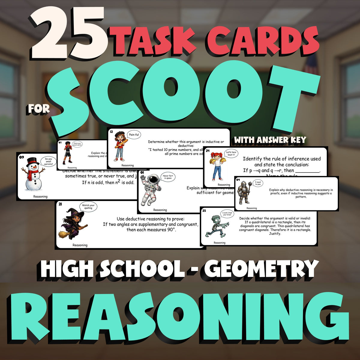 Reasoning SCOOT TASK CARDS Math Game - No Prep Geometry Review Activity