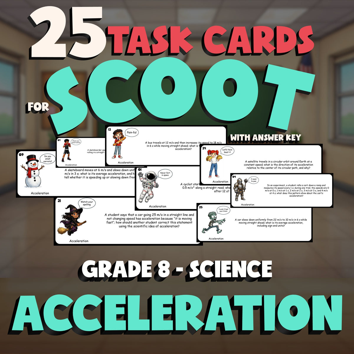 Acceleration SCOOT TASK CARDS Science Game - No Prep Grade 8 Review Activity