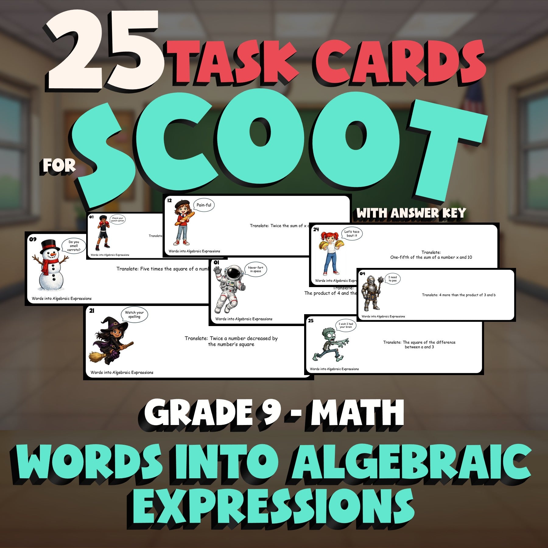 Words into Algebraic Expressions SCOOT TASK CARDS Math Game - No Prep Grade 9
