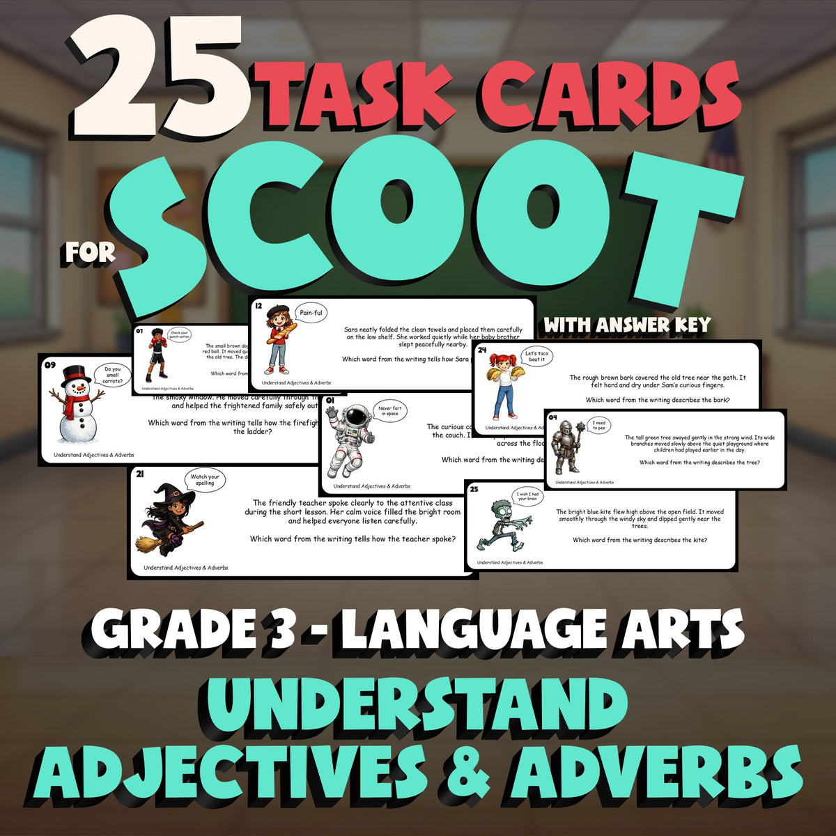 Understand Adjectives & Adverbs SCOOT TASK CARDS ELA Game - No Prep Grade 3