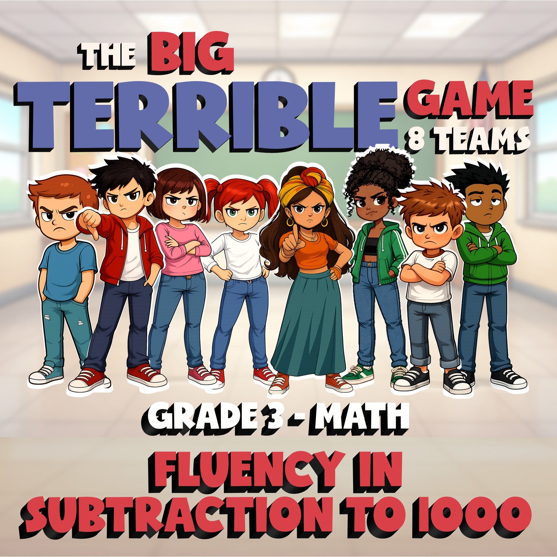 Fluency in Subtraction to 1000 BIG TERRIBLE GAME - No Prep Grade 3 Math Review