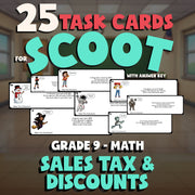 Sales Tax & Discounts SCOOT TASK CARDS Math Game - No Prep Grade 9 Review