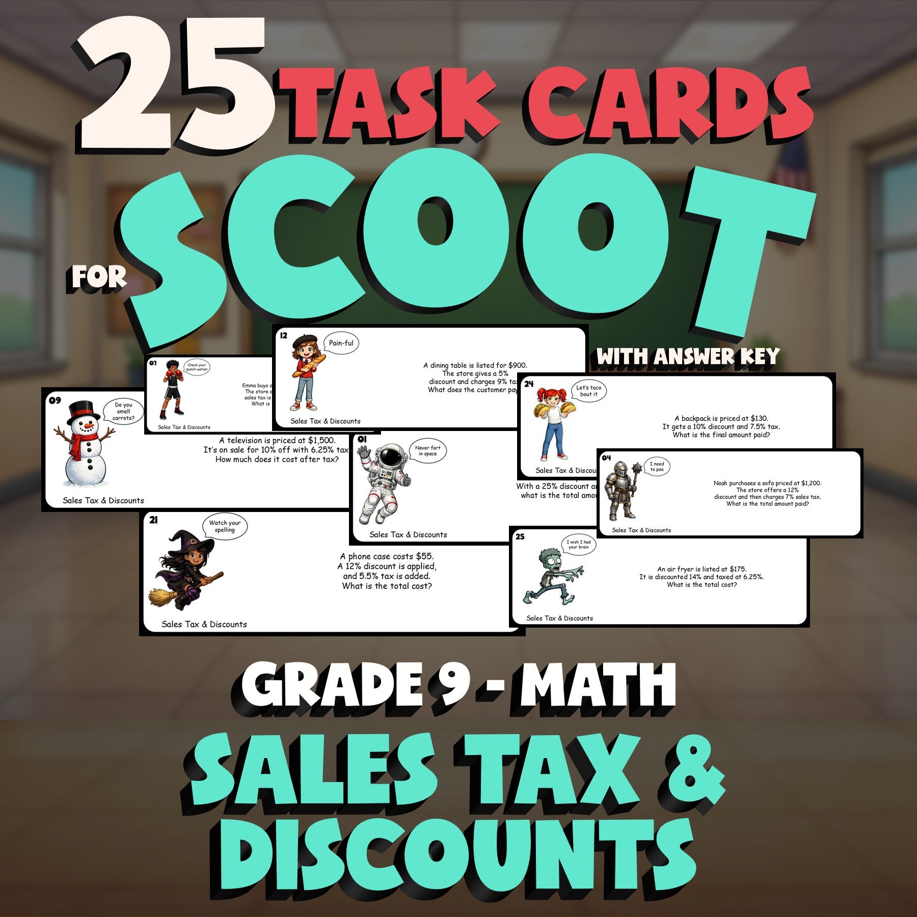 Sales Tax & Discounts SCOOT TASK CARDS Math Game - No Prep Grade 9 Review