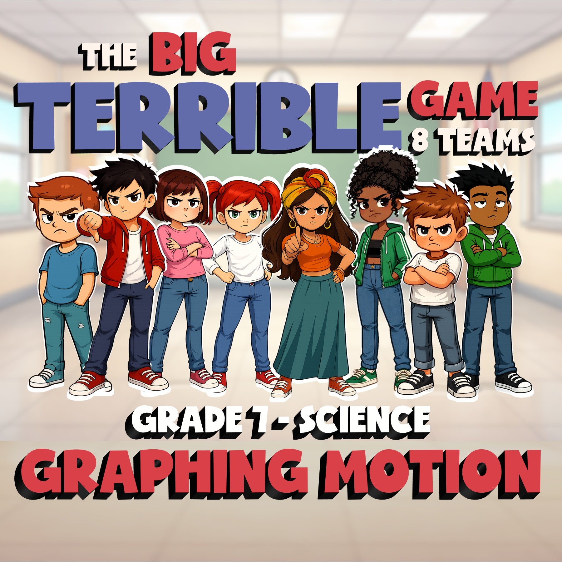 Graphing Motion BIG TERRIBLE GAME - No Prep Grade 7 Science Review Activity