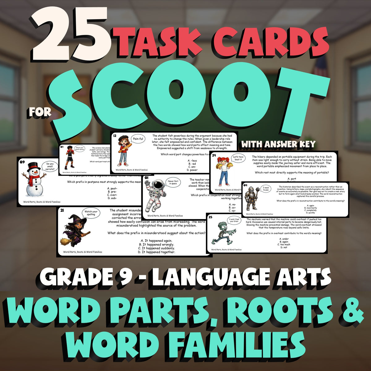 Word Parts, Roots & Word Families SCOOT TASK CARDS ELA Game - No Prep Grade 9