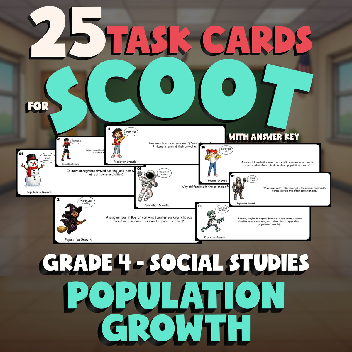 Population Growth SCOOT TASK CARDS Socials Game - No Prep Grade 4 Review