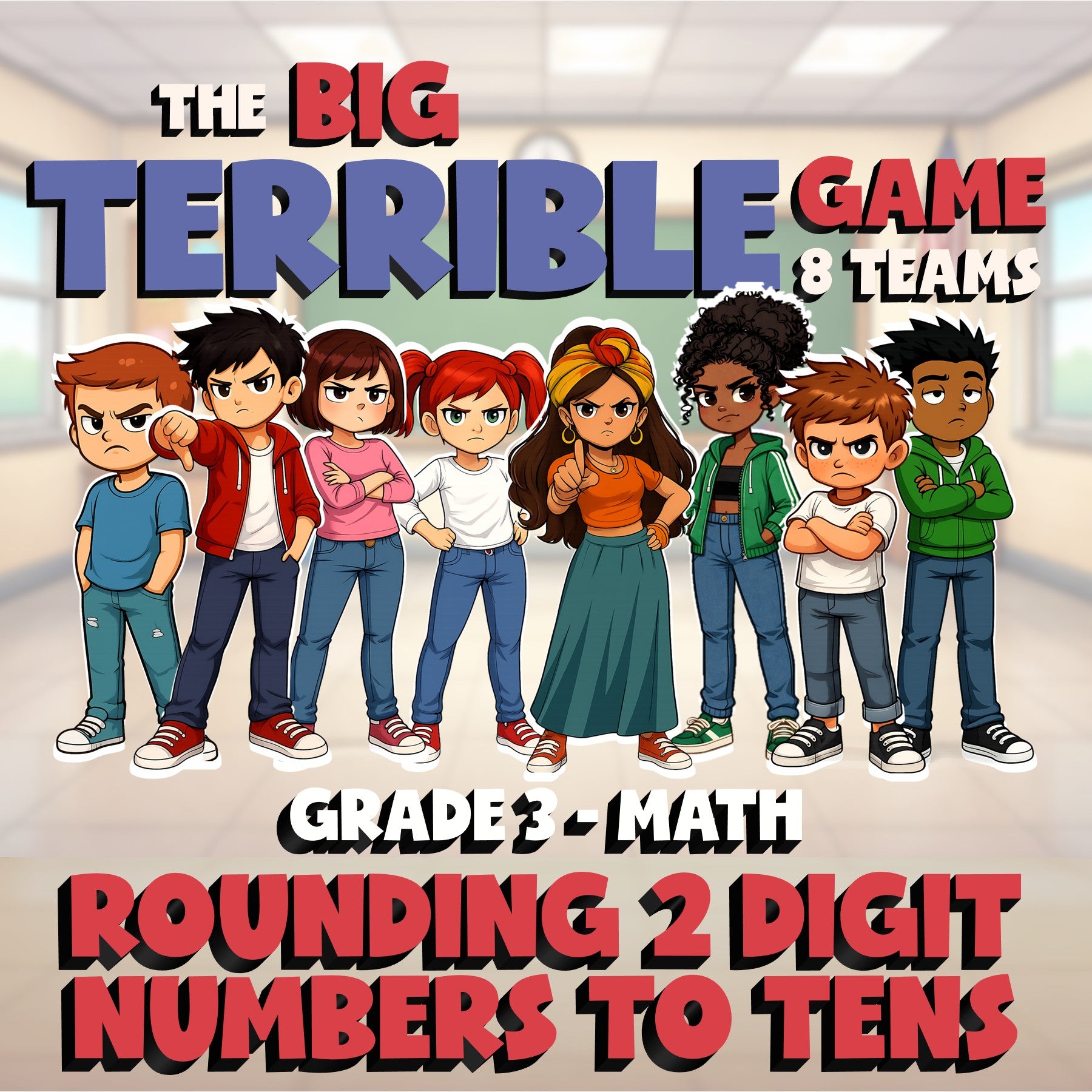 Rounding 2 Digit Numbers to Tens BIG TERRIBLE GAME - No Prep Grade 3 Math Review