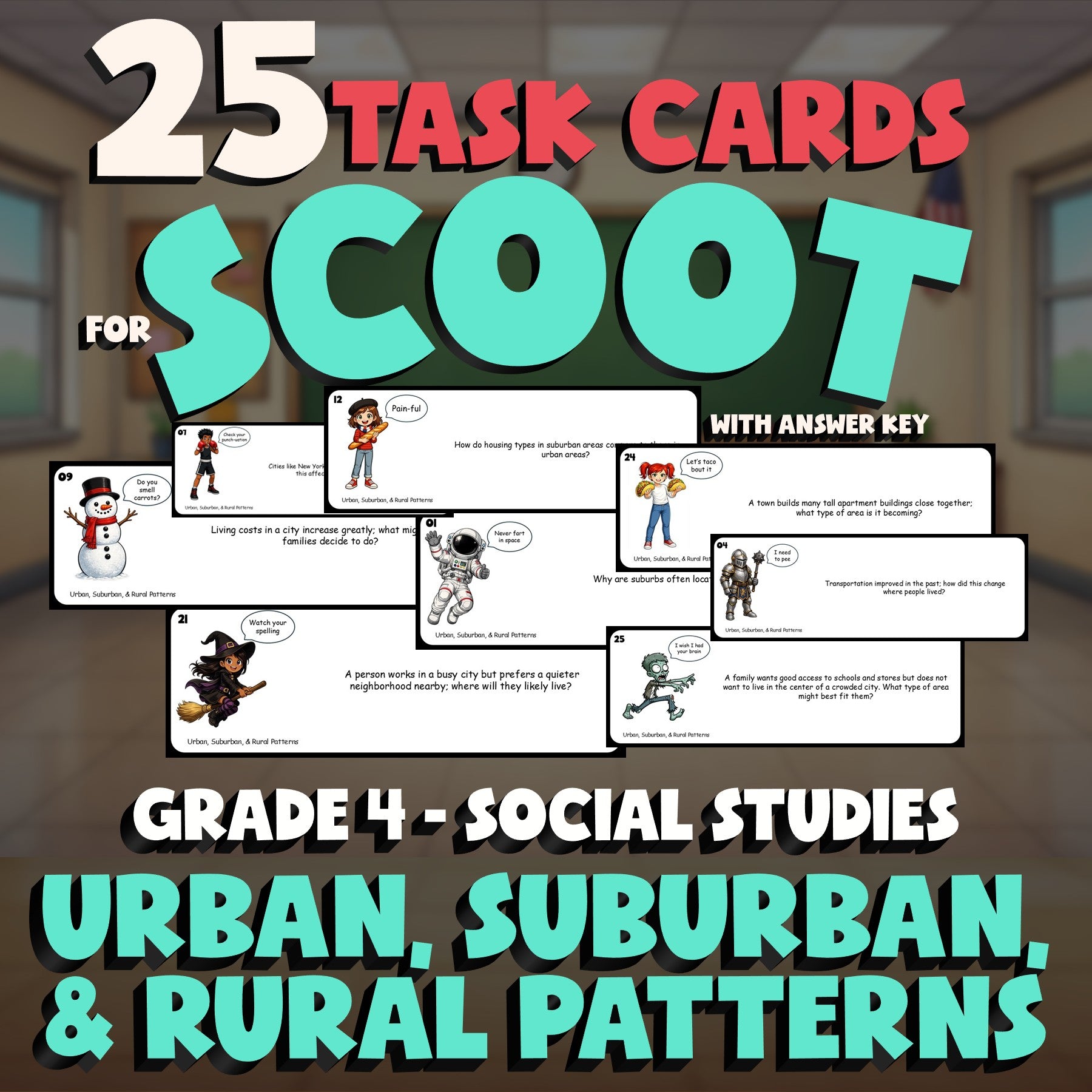 Urban, Suburban, & Rural Patterns SCOOT TASK CARDS Socials Game - Grade 4