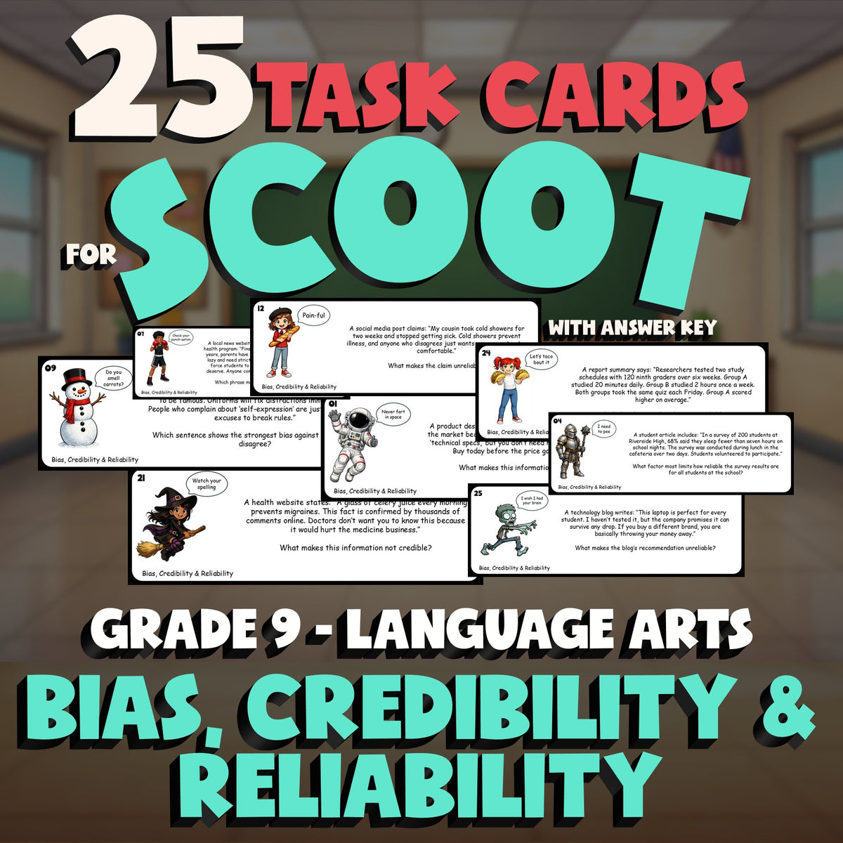 Bias, Credibility & Reliability SCOOT TASK CARDS ELA Game - No Prep Grade 9