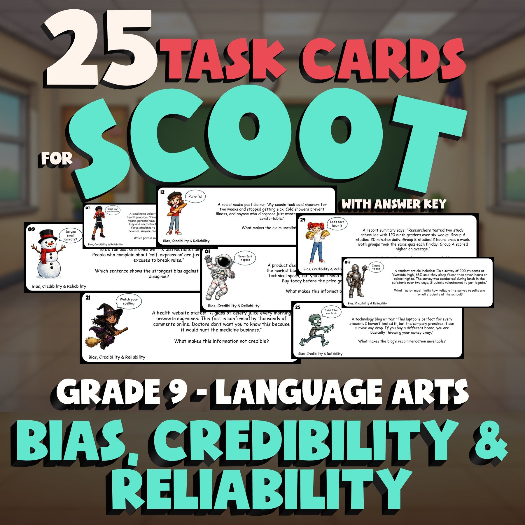 Bias, Credibility & Reliability SCOOT TASK CARDS ELA Game - No Prep Grade 9