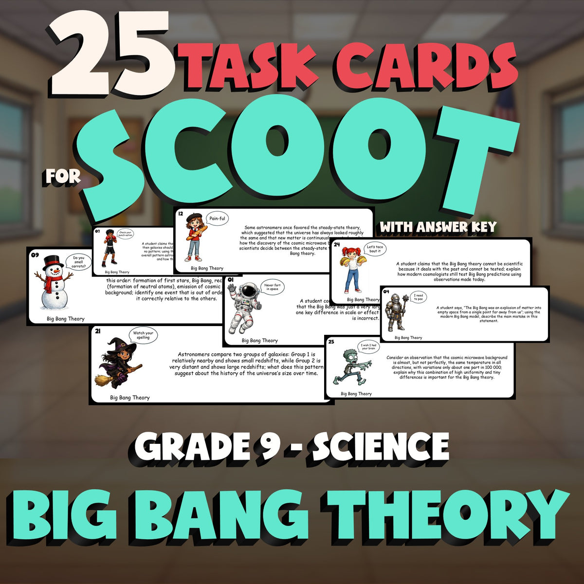 Big Bang Theory SCOOT TASK CARDS Science Game - No Prep Grade 9 Review Activity