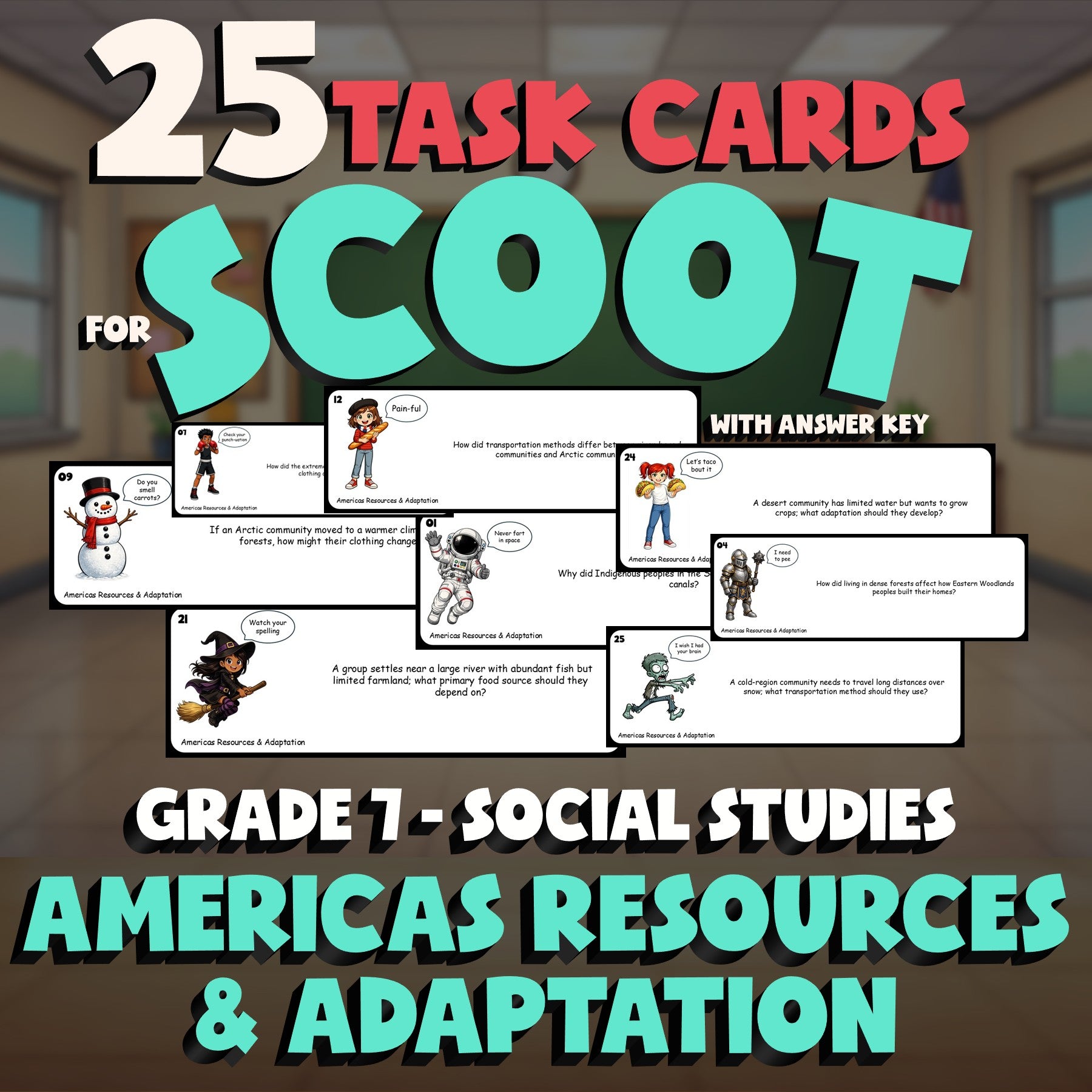 Americas Resources & Adaptation SCOOT TASK CARDS Socials Game - No Prep Grade 7