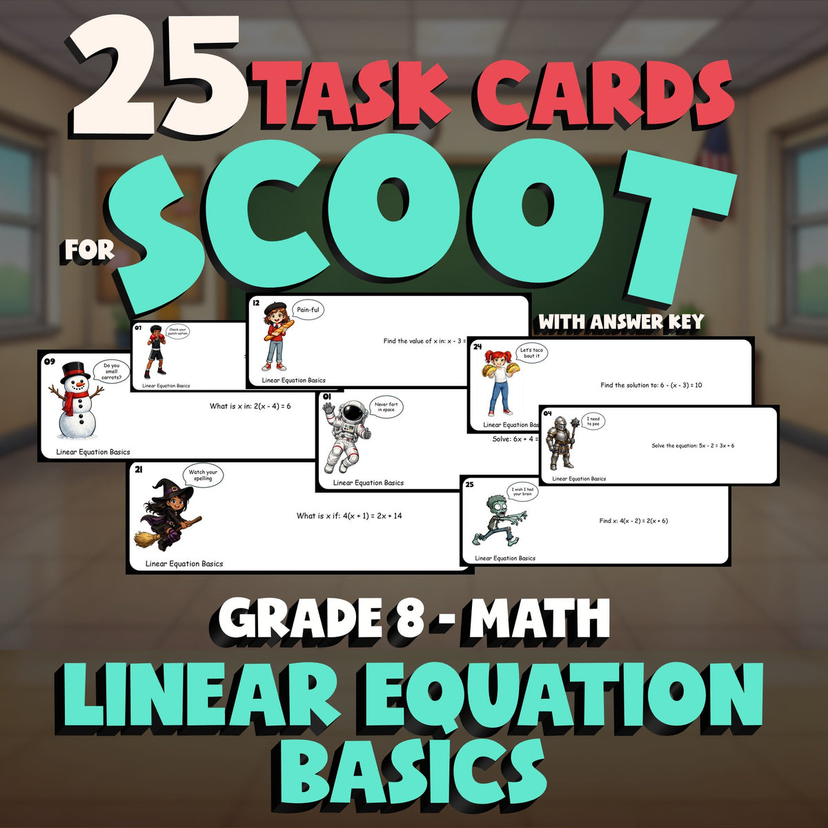 Linear Equation Basics SCOOT TASK CARDS Math Game - No Prep Grade 8 Review