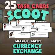 Currency Exchange SCOOT TASK CARDS Math Game - No Prep Grade 8 Review Activity