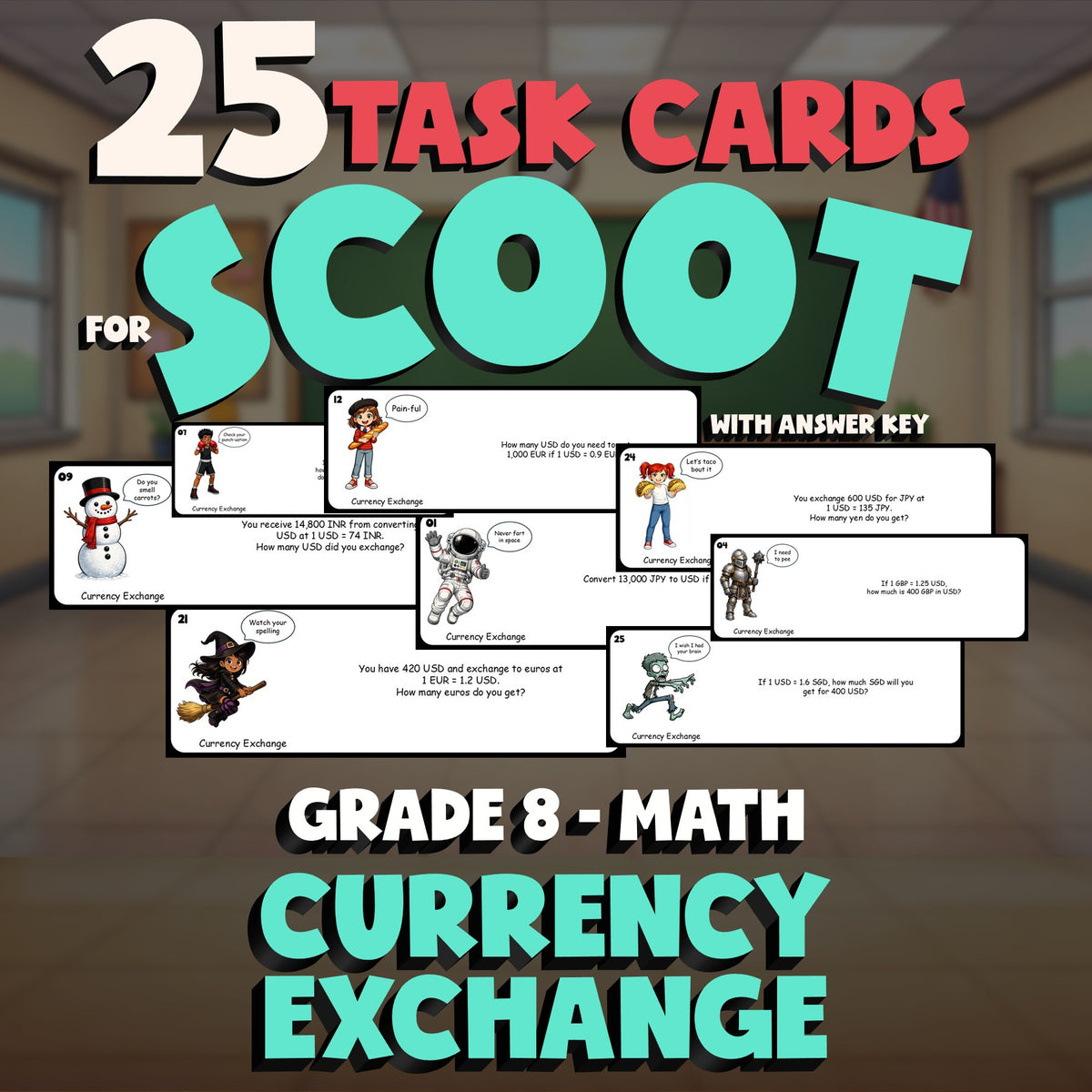 Currency Exchange SCOOT TASK CARDS Math Game - No Prep Grade 8 Review Activity
