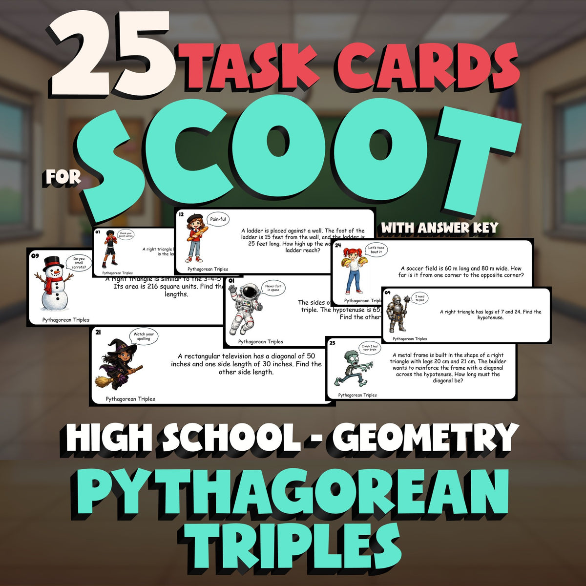 Pythagorean Triples SCOOT TASK CARDS Math Game - No Prep Geometry Review