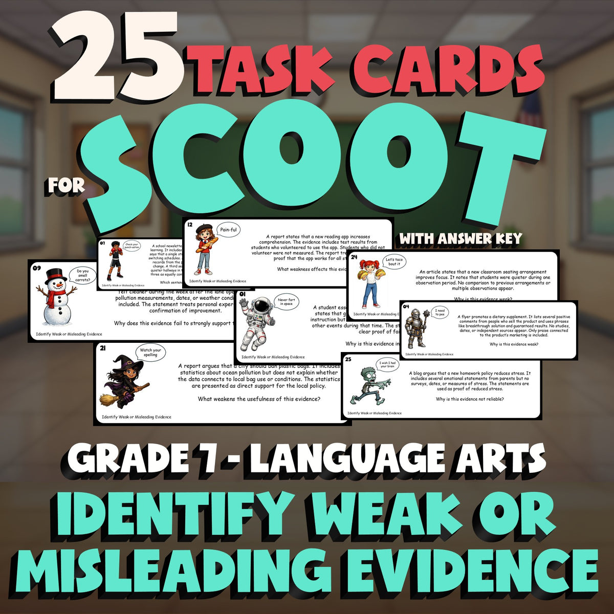 Identify Weak or Misleading Evidence SCOOT TASK CARDS ELA Game - No Prep Grade 7