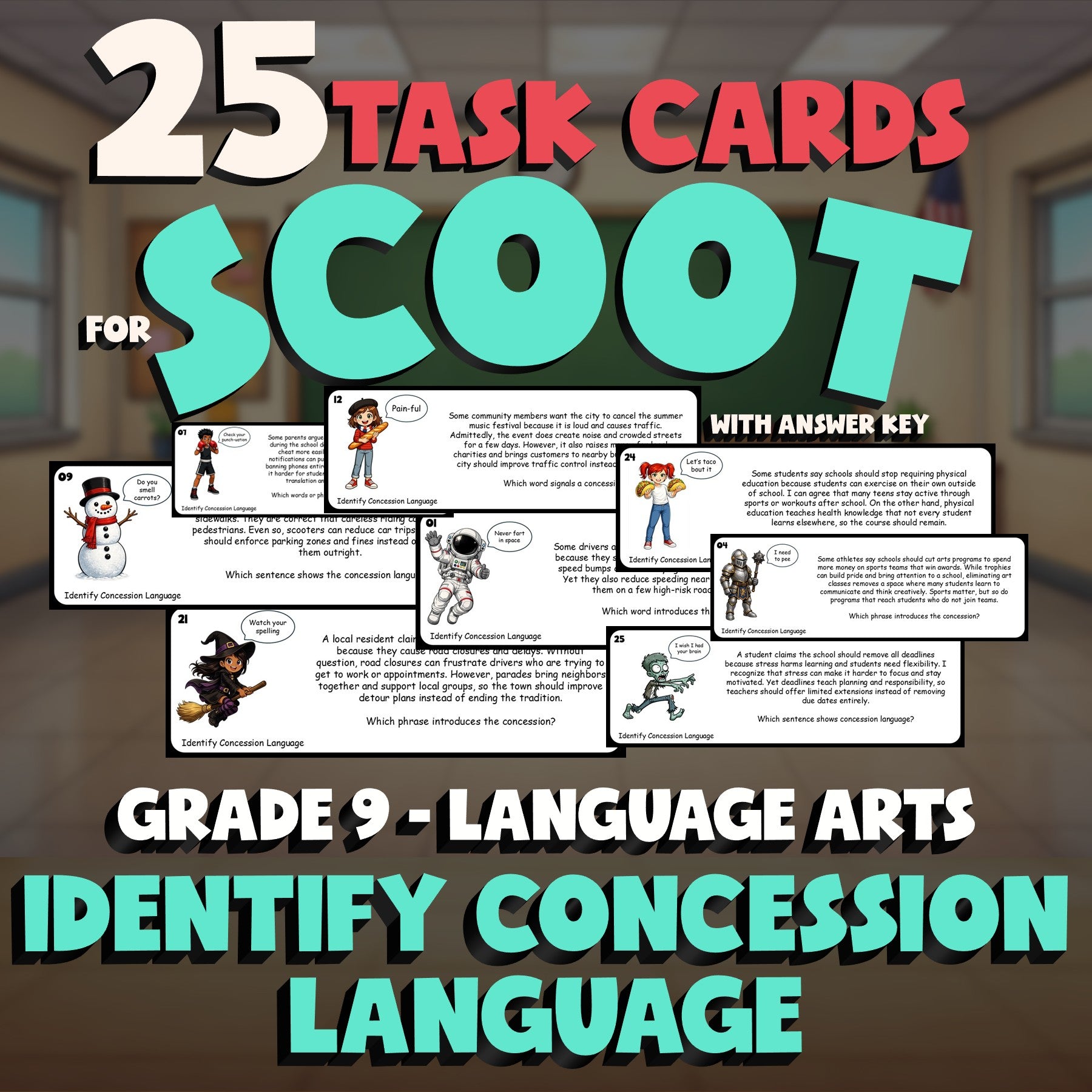Identify Concession Language SCOOT TASK CARDS ELA Game - No Prep Grade 9 Review