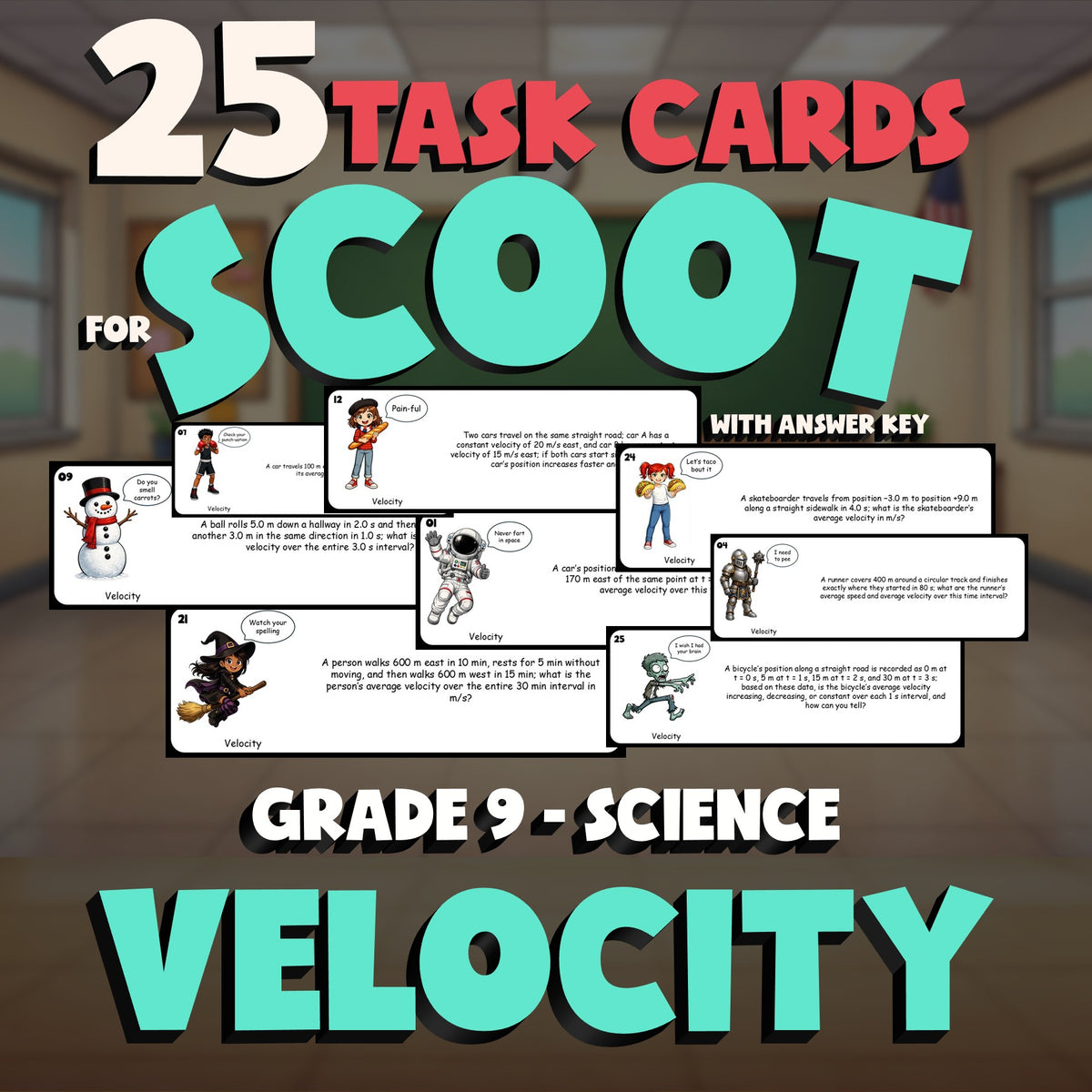 Velocity SCOOT TASK CARDS Science Game - No Prep Grade 9 Review Activity