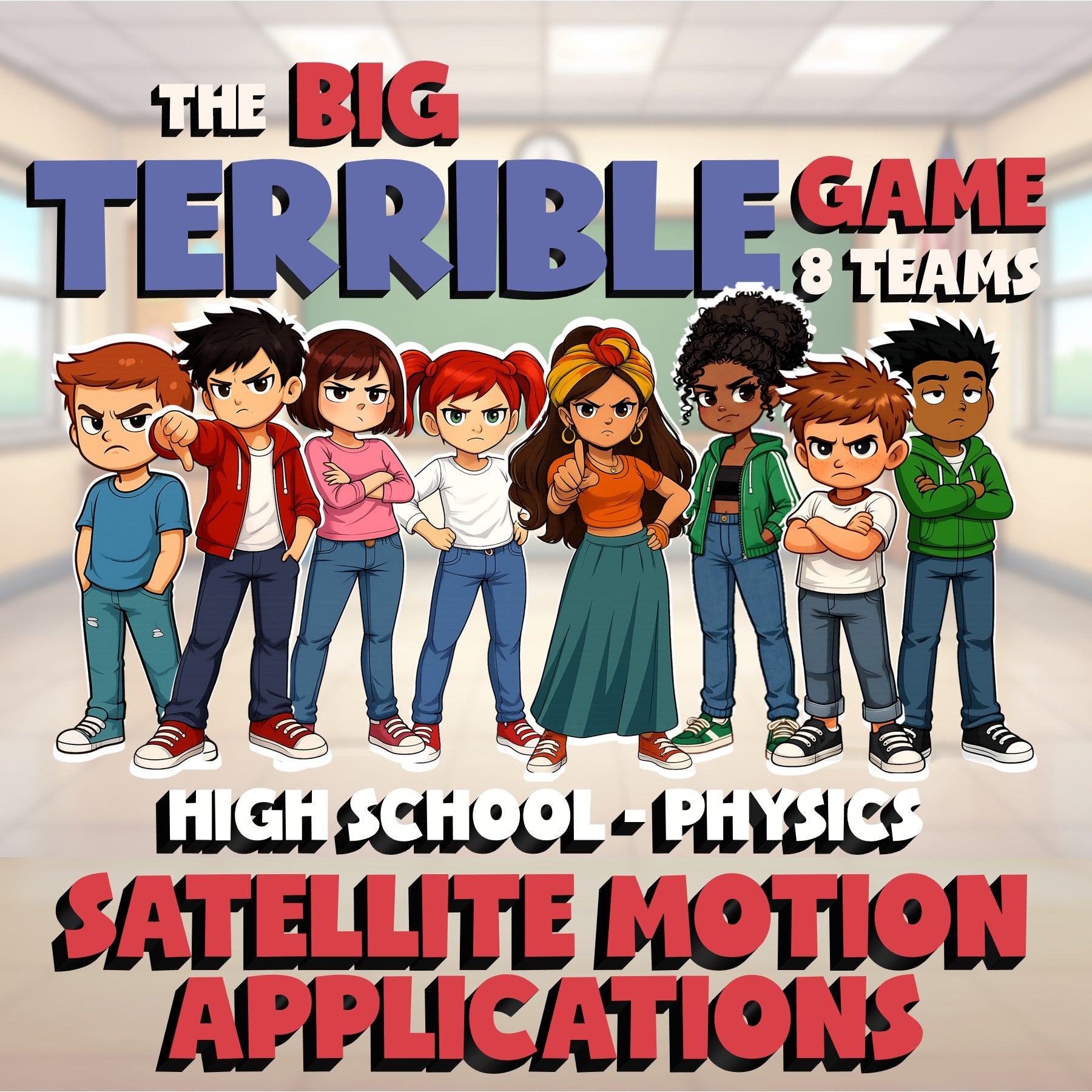 Satellite Motion Applications BIG TERRIBLE GAME - No Prep Physics Science Review