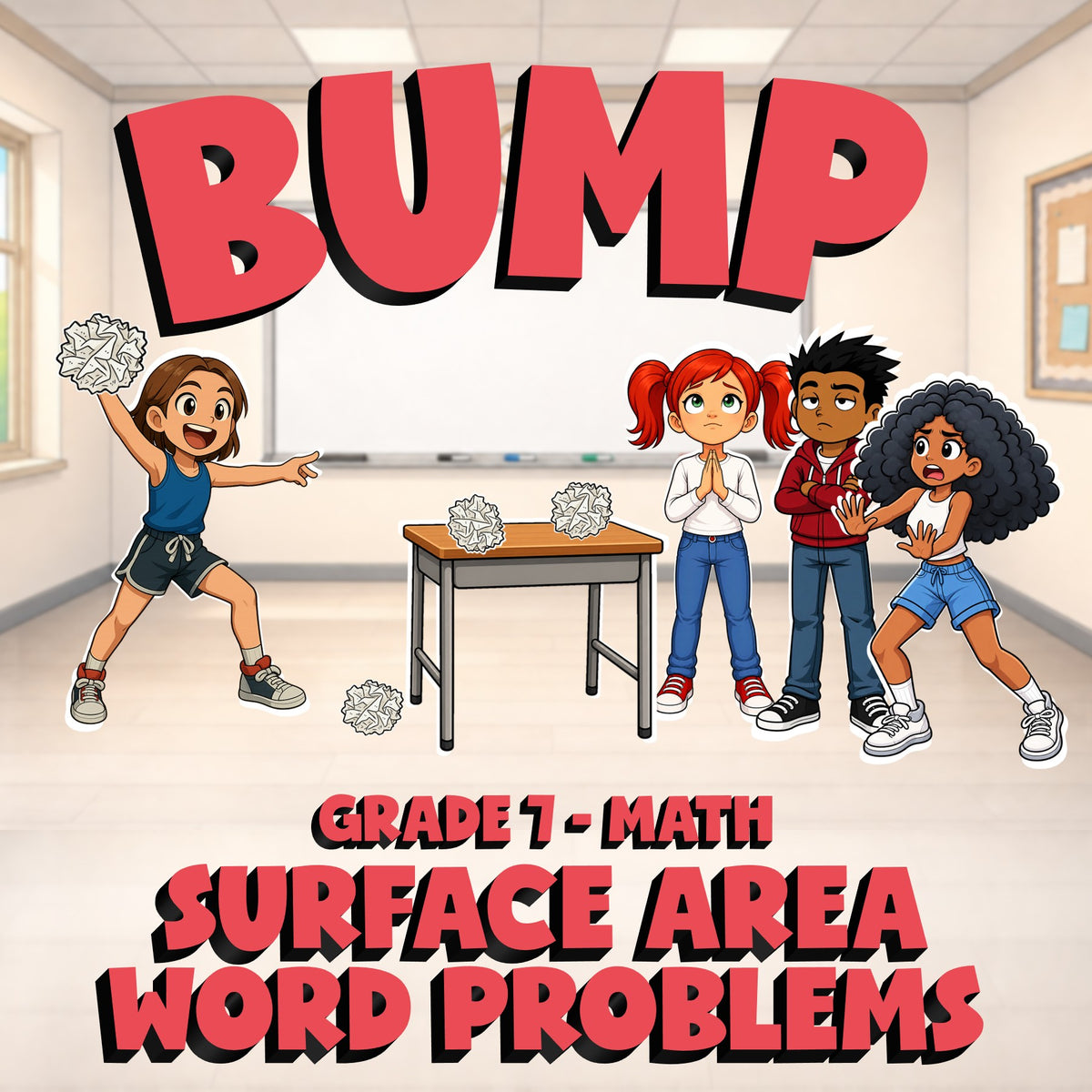 Surface Area Word Problems BUMP Math Game - No Prep Grade 7 Review Activity