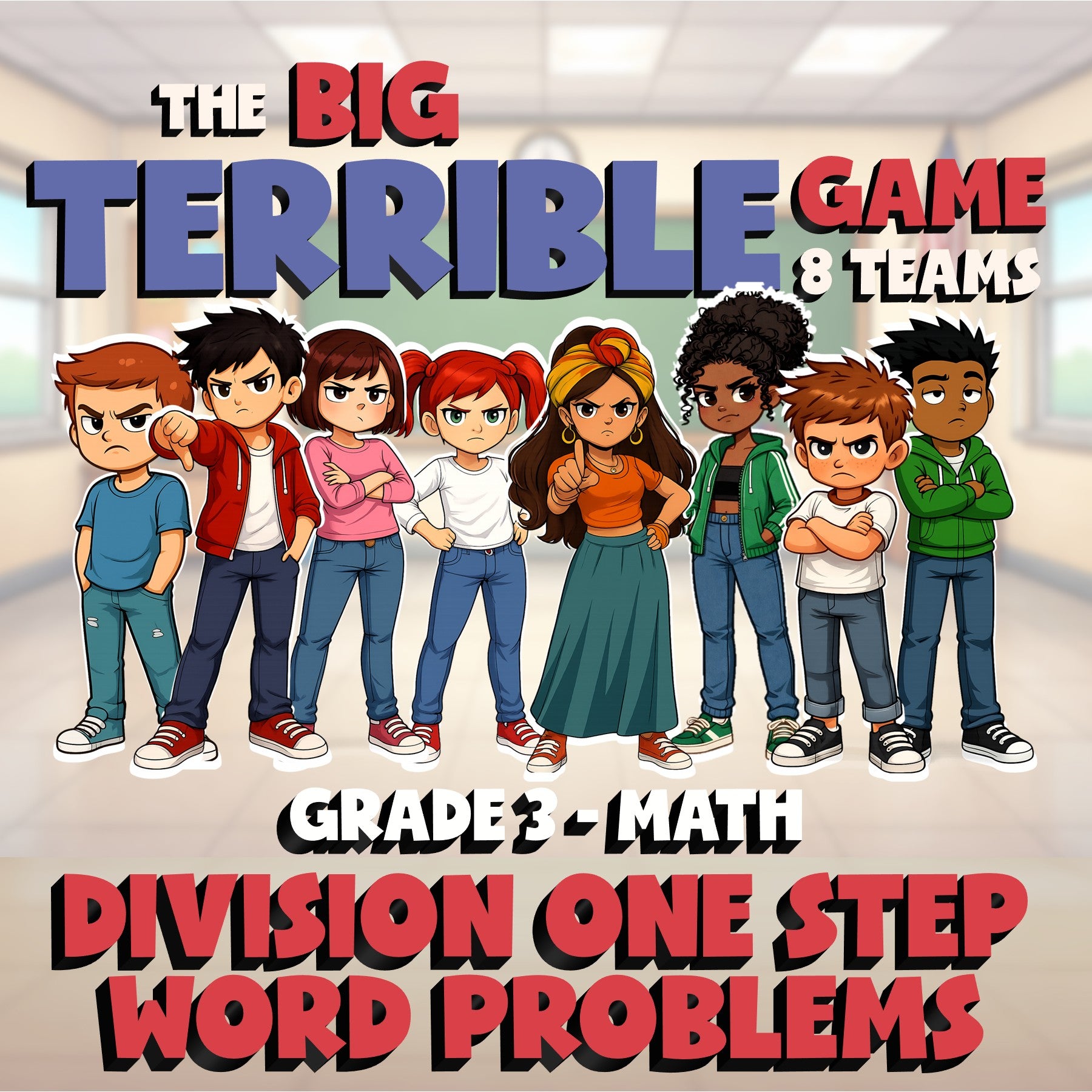 Division One Step Word Problems BIG TERRIBLE GAME - No Prep Grade 3 Math Review
