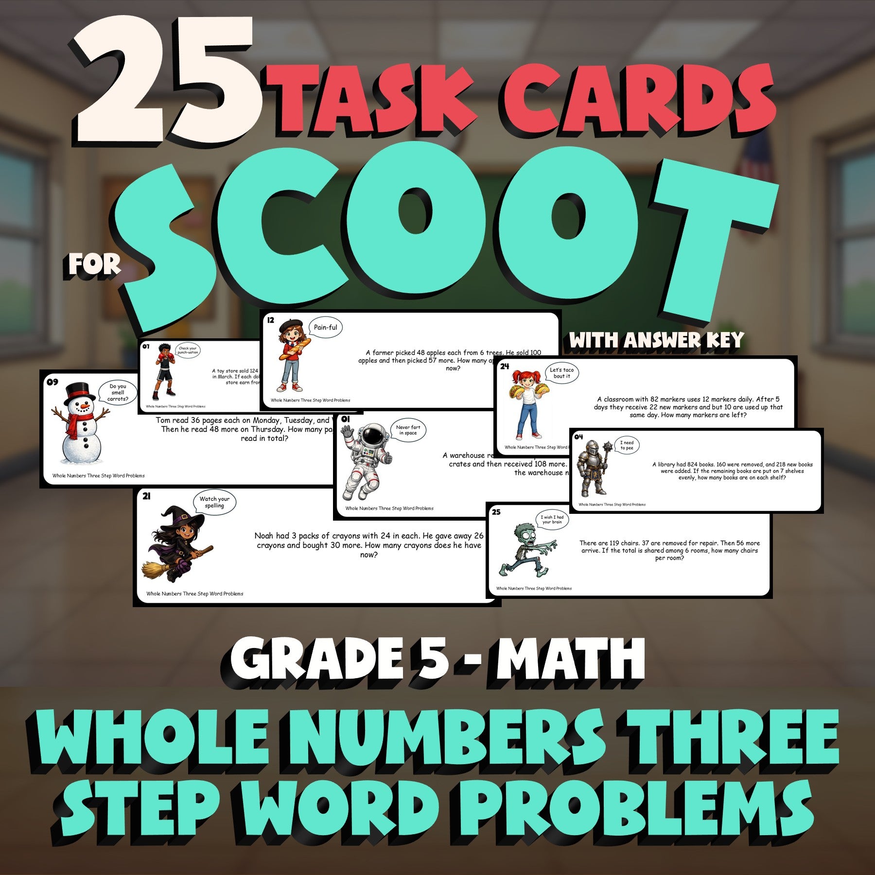 Whole Numbers Three Step Word Problems SCOOT TASK CARDS Math Game - Grade 5