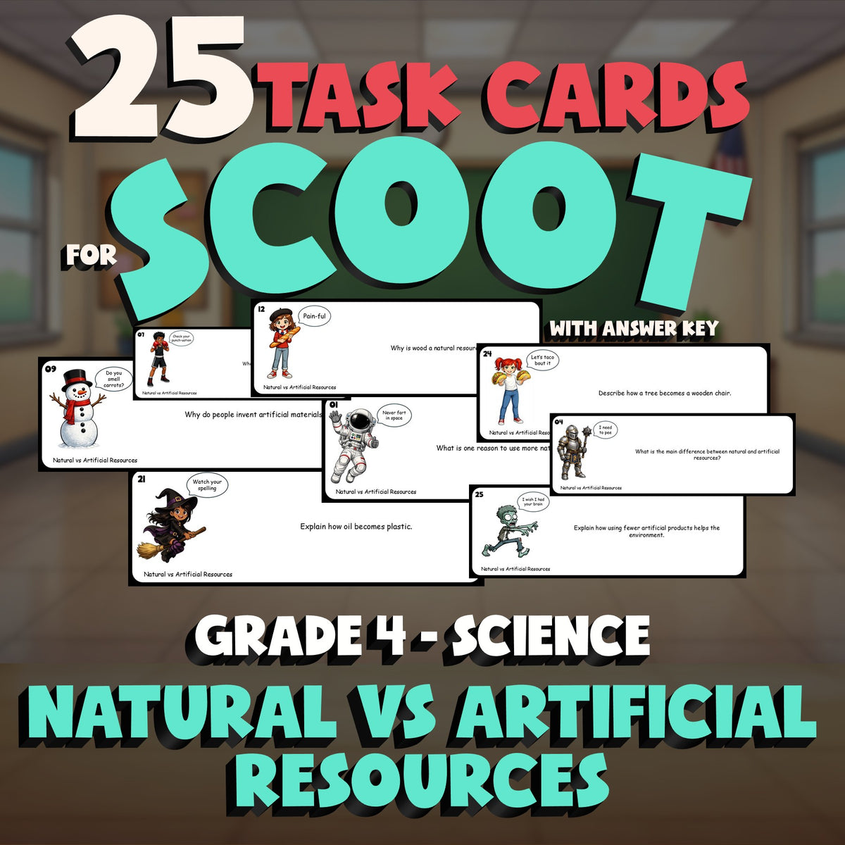 Natural vs Artificial Resources SCOOT TASK CARDS Science Game - No Prep Grade 4