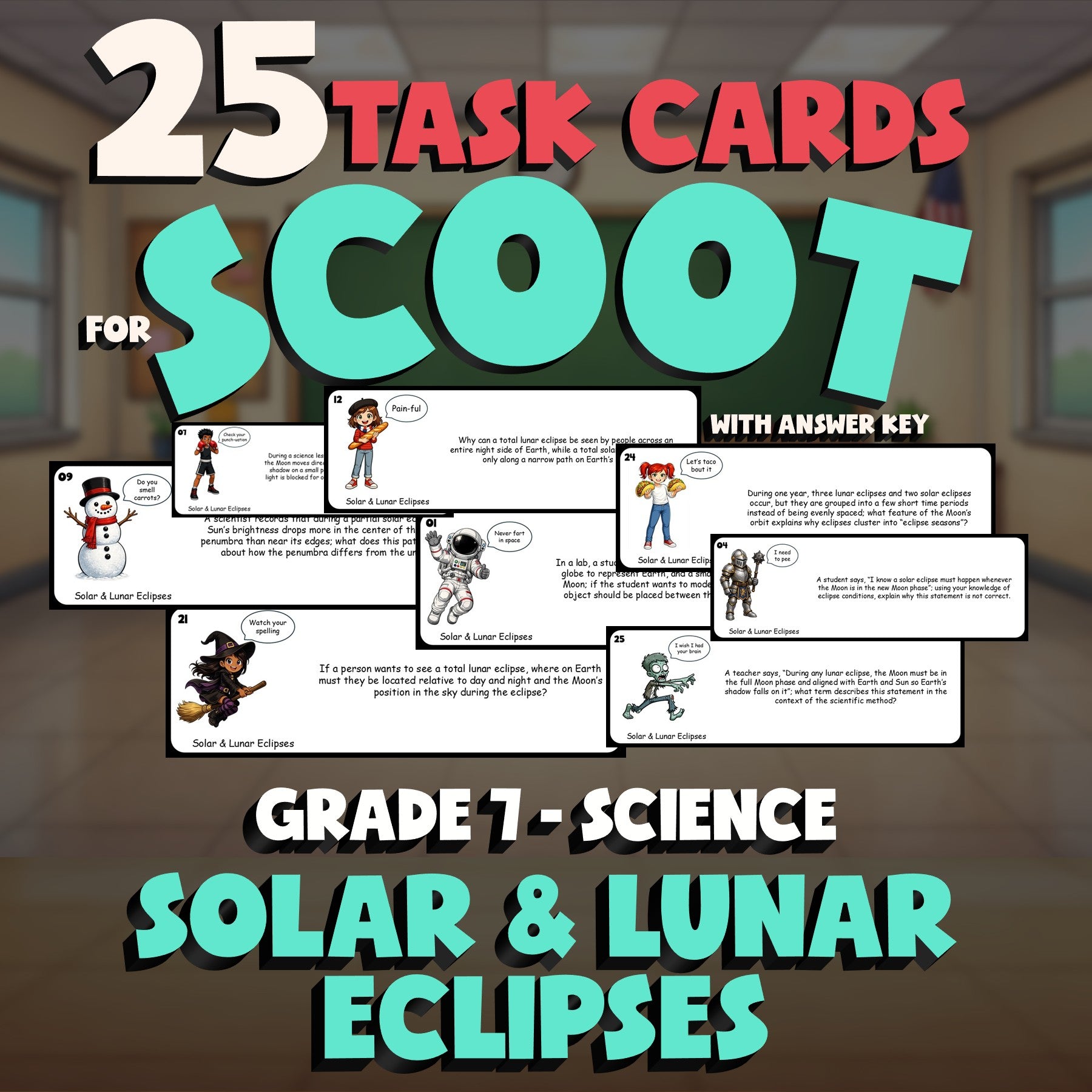 Solar & Lunar Eclipses SCOOT TASK CARDS Science Game - No Prep Grade 7 Review