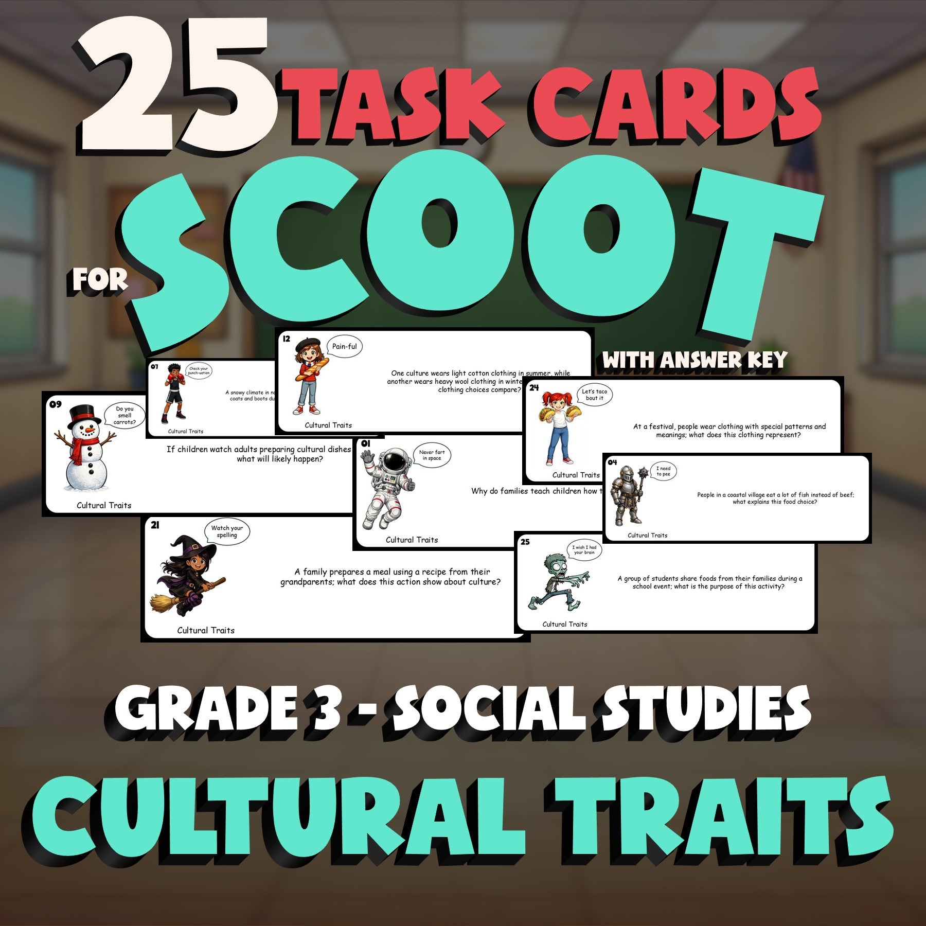 Cultural Traits SCOOT TASK CARDS Socials Game - No Prep Grade 3 Review Activity