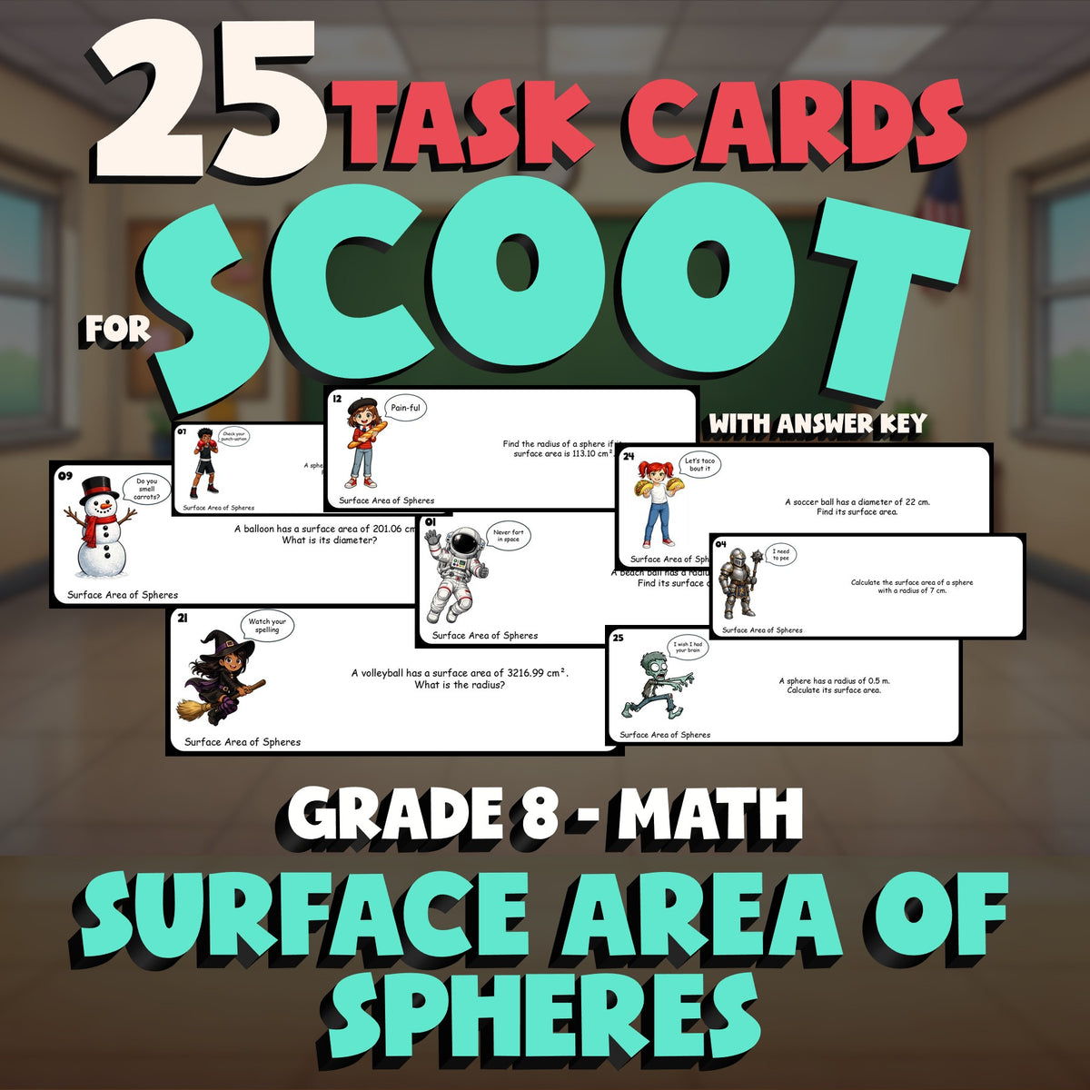 Surface Area of Spheres SCOOT TASK CARDS Math Game - No Prep Grade 8 Review